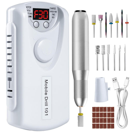 Electric Nail Drill Portable Nail Drill Professional 30000 RPM 13 Salon Quality Drill bits 50 Sanding Bands Portable & Low Noise for Acrylic Nails Gel Polishing Removing Bits Kit for Home Use