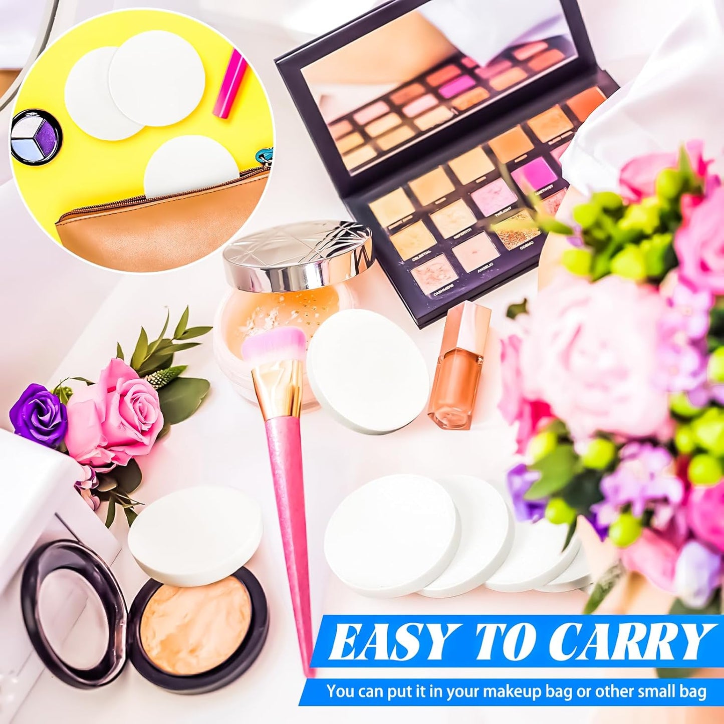 MotBach 100 PCS White Round Makeup Sponge, Cosmetic Sponge Round Foam Pad Eye Facial Powder Puff, Beauty Makeup Foundation Powder Blender for Women Lady All Skin Types Wet and Dry Dual Use