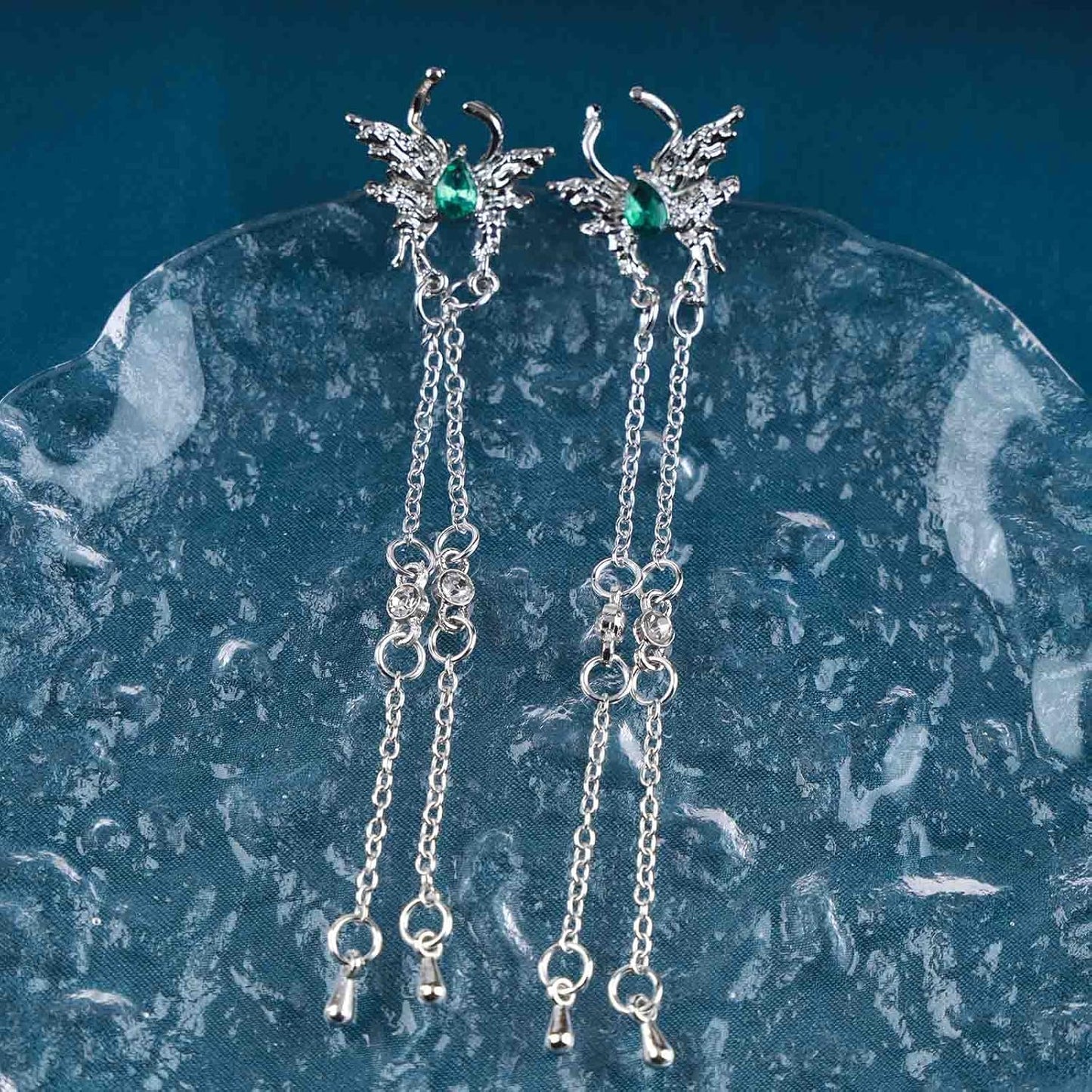 Vintage Emerald Butterfly Earrings Silver Chain Tassel Drop Earrings Butterfly Emerald Stud Earings Long Cz Chain Earrings Jewelry for Women and Girls