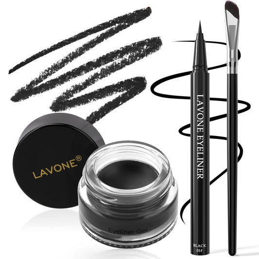 LAVONE Eyeliner Set - Waterproof Makeup Kit with Liquid Eye Liner Pencil, Gel Eyeliner and Angled Eye Liner Brush, Waterproof, Smudge Resistant, Long Lasting Formula - Black