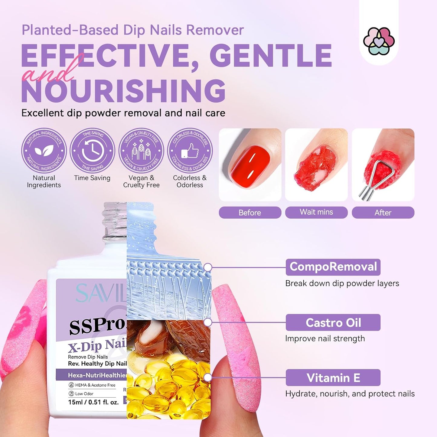 SAVILAND Dip Powder Remover Kit 2Pcs: 15ml Gentle & Safe Dip Nail Remover With Cuticle Oil Nail File Tools No Soak or Wrapping Removal Easy Remove at Home Gift For Women