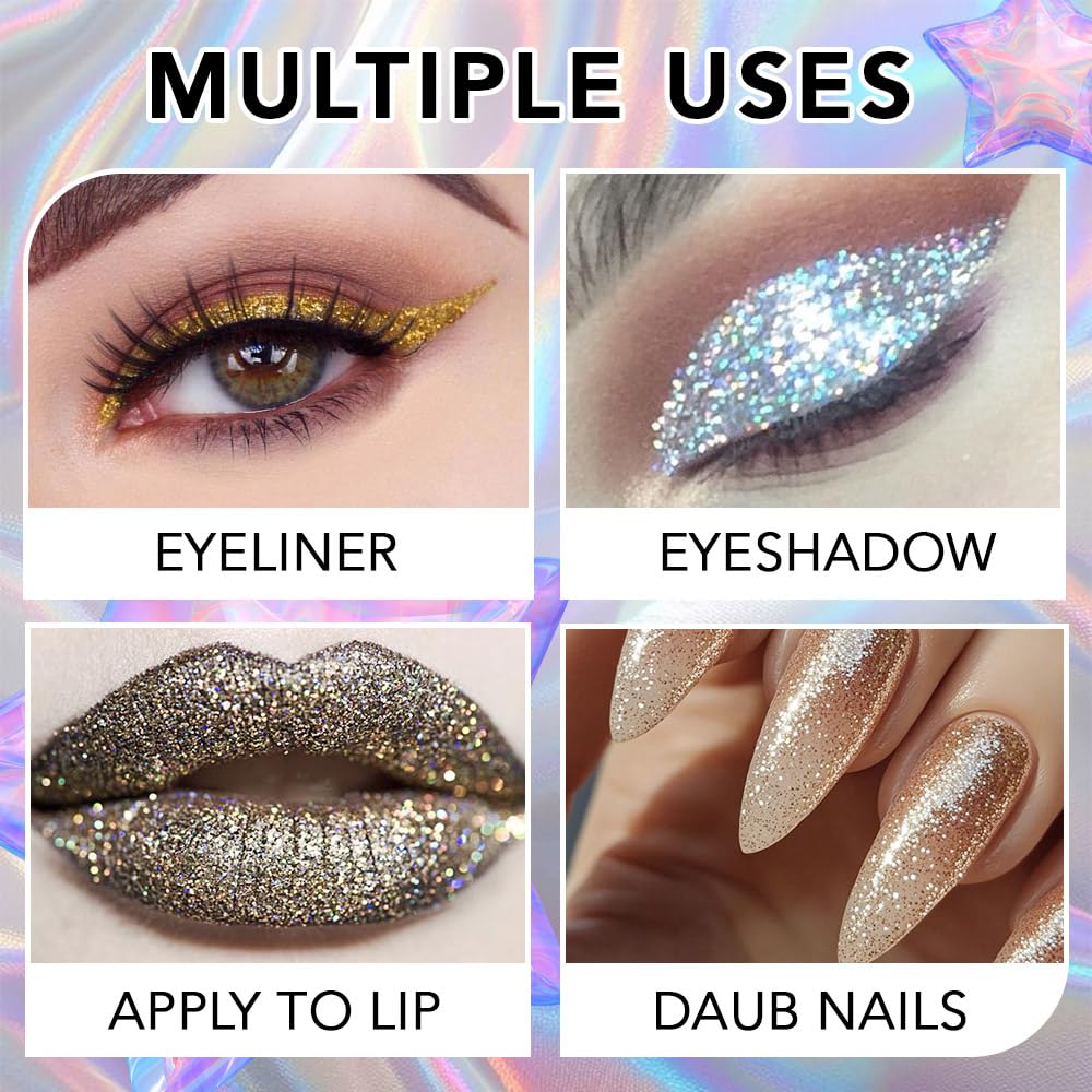 6Pcs Shimmer Metallic Eyeshadow Eyeliner Set - Glitter Sparkle, Long Lasting, Quick Drying, Waterproof & Smudge Proof, High Pigment Liquid Eyeshadow for Parties, Cosplay, Weddings (Set 2#)