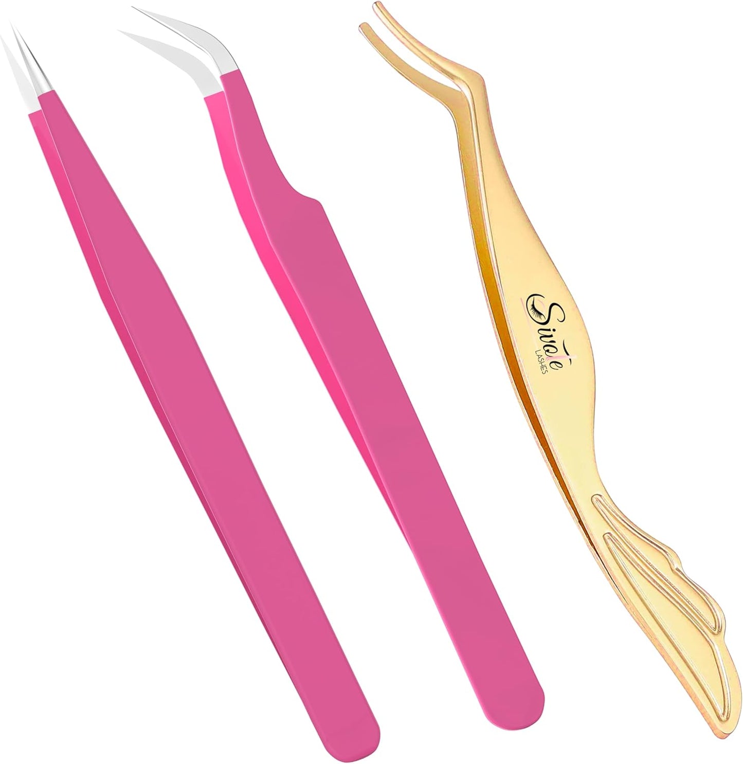 SIVOTE Lash Tweezers & Applicator Tool Set, 2-Pack Precision Tweezers (Straight & Curved Tip, Pink) with Gold Eyelash Applicator Tool for Extensions & False Lash Application
