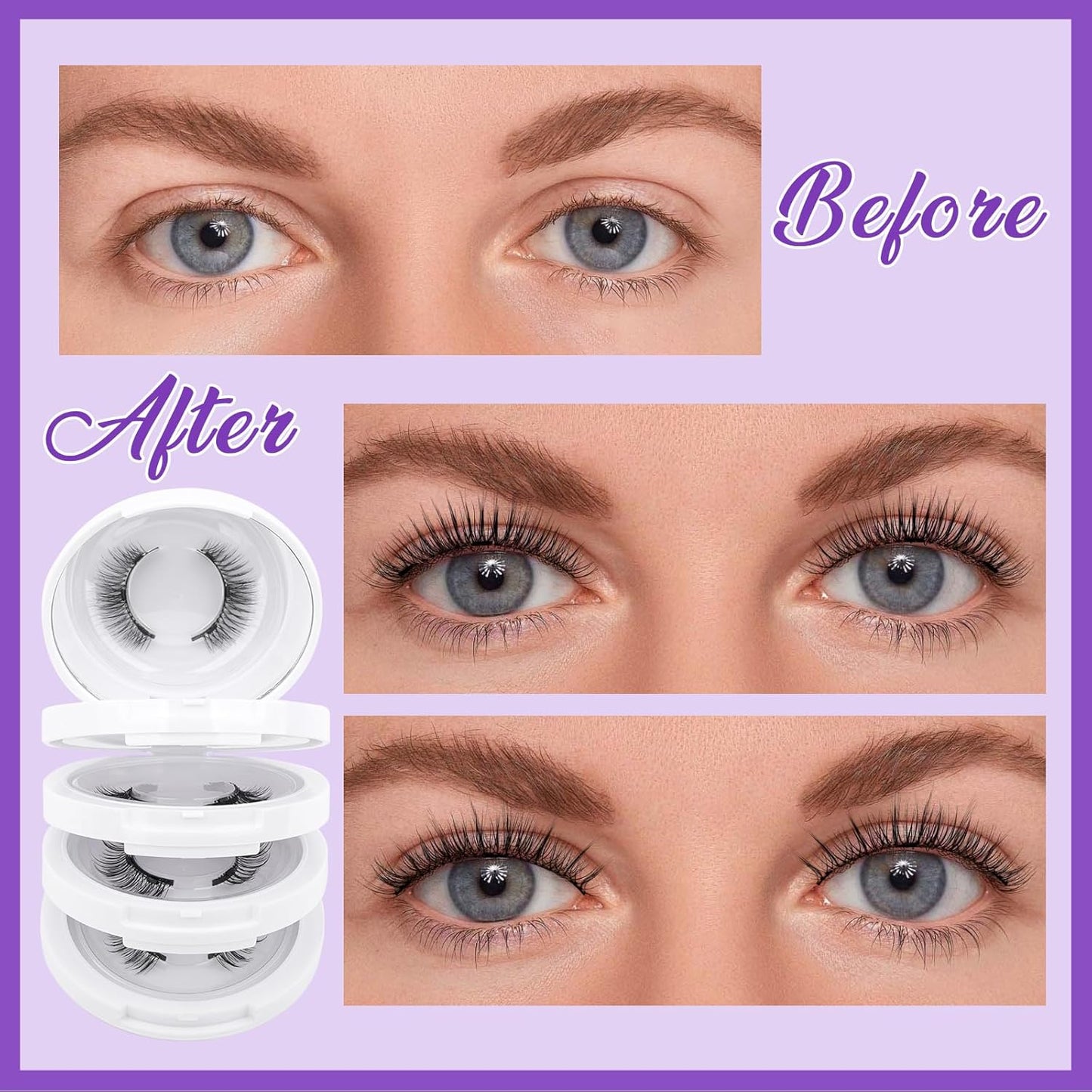 4-Pairs Magnetic Eyelashes Kit with Applicator: Natural Reusable Soft Waterproof False Lash, No Glue Needed, Wendy Lashes, 079+B01