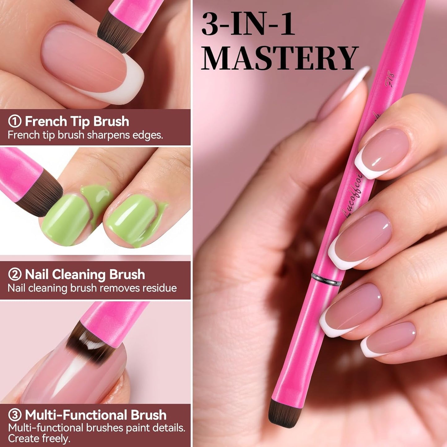 Nail Brush for French Tip, Nail Cleaning Brush for Gel & Acrylic - Professional Kolinsky Sable French Manicure Brush, Thin Nail Art Brush for Precise Clean Up & Polygel Application (Pink, F18)