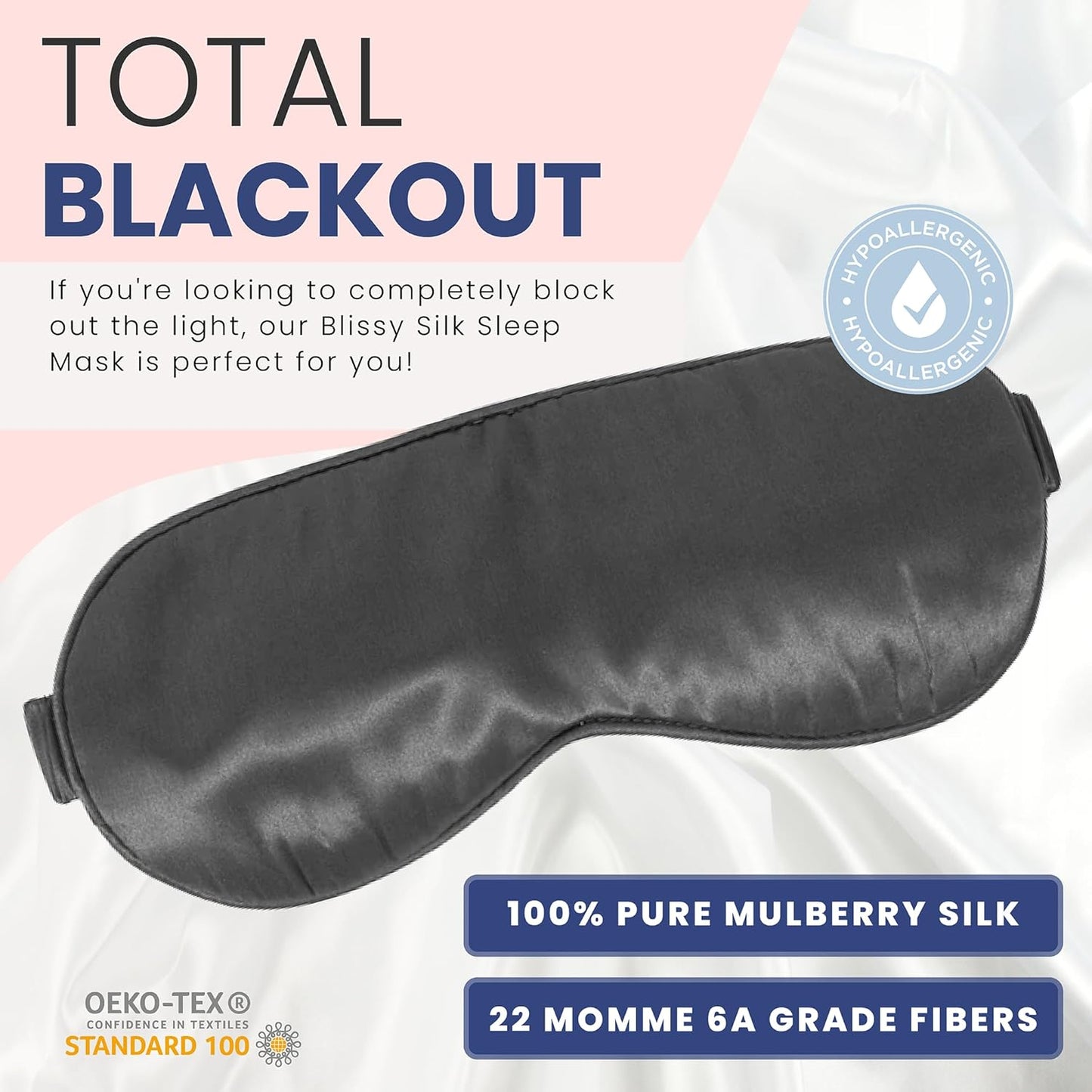 Blissy Silk Sleep Mask - Silk Eye Sleeping Mask for Women & Men for Total Blackout - 100% Pure Mulberry Silk, 22 Momme 6a Fibers - Blindfold Silk Sleep Mask Side Sleeper Eye Cover (Grey)
