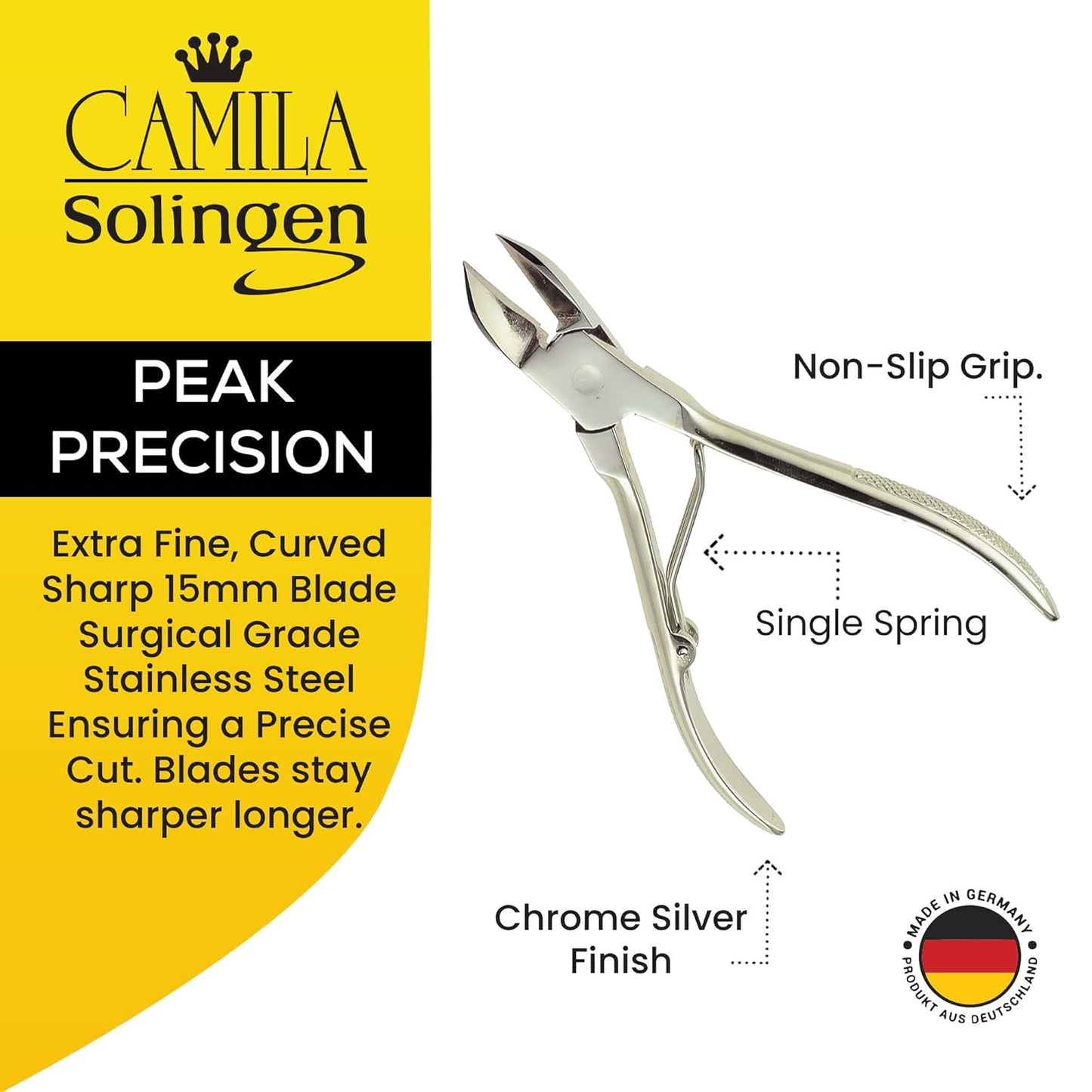 CS12 Professional 4" Fingernail Toenail Nipper/Clipper/Cutter for Manicure/Pedicure. Heavy Duty Precision Super Sharp Curved Stainless Steel 15mm Blade from Solingen Germany (Silver)