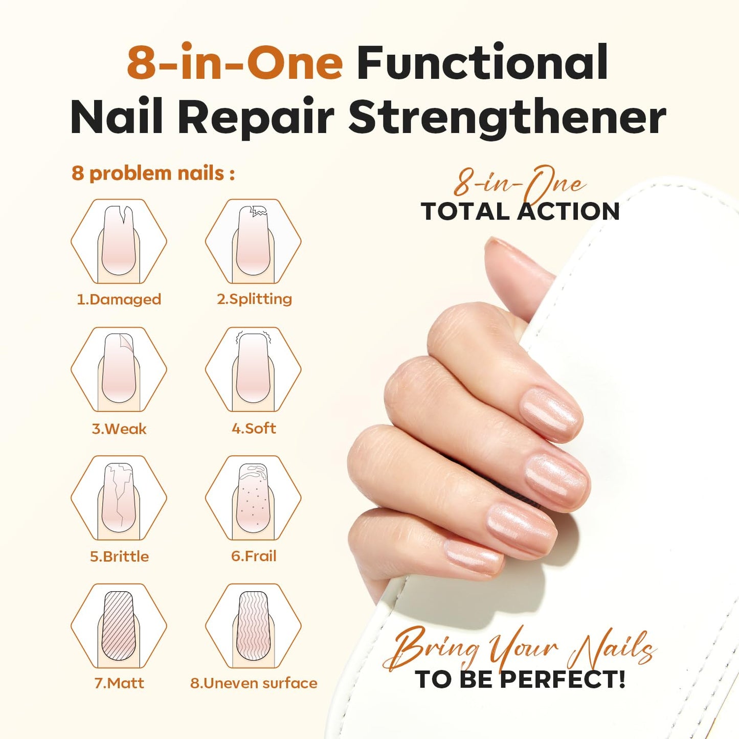 modelones Nail Strengthener, 8-in-One Nail Ridge Filler Base Coat Nail Polish Repair Nail Growth Treatment for Thin and Damaged Nails, Sparkling Champagne, 15ml
