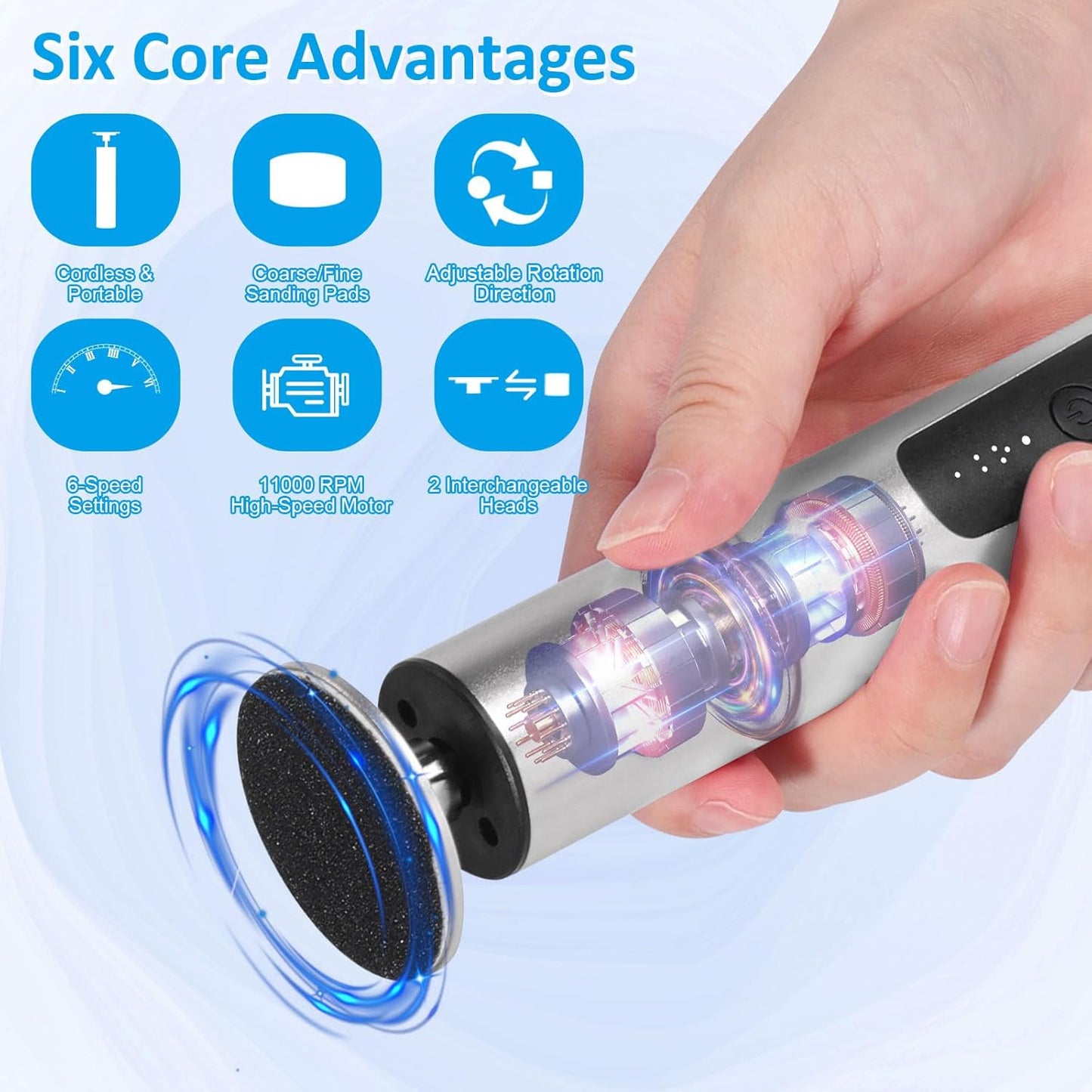 Upgraded Wireless Electric Callus Remover for Feet, 6-Speed 2-in-1 Rechargeable Foot File Callus Remover with USB Charging & 3 Types of Sandpaper, Dead Skin Remover for Dry Cracked Heels (Silver)