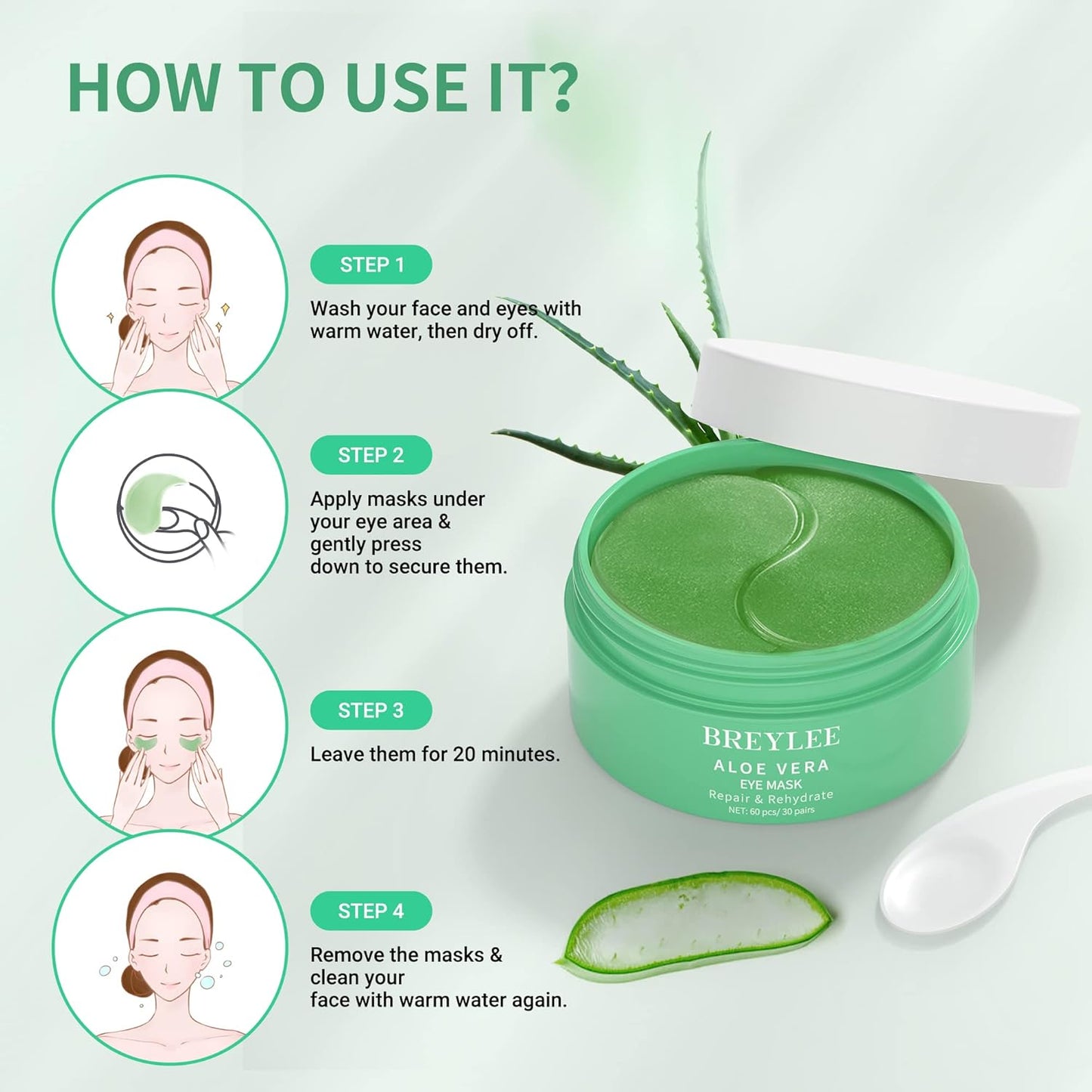 BREYLEE Aloe Vera Eye Masks– 60 Pcs - Puffy Eyes and Dark Circles Treatments – Look Younger and Reduce Wrinkles and Fine Lines Undereye, Improve and Firm eye Skin - Pure Natural Material Extraction