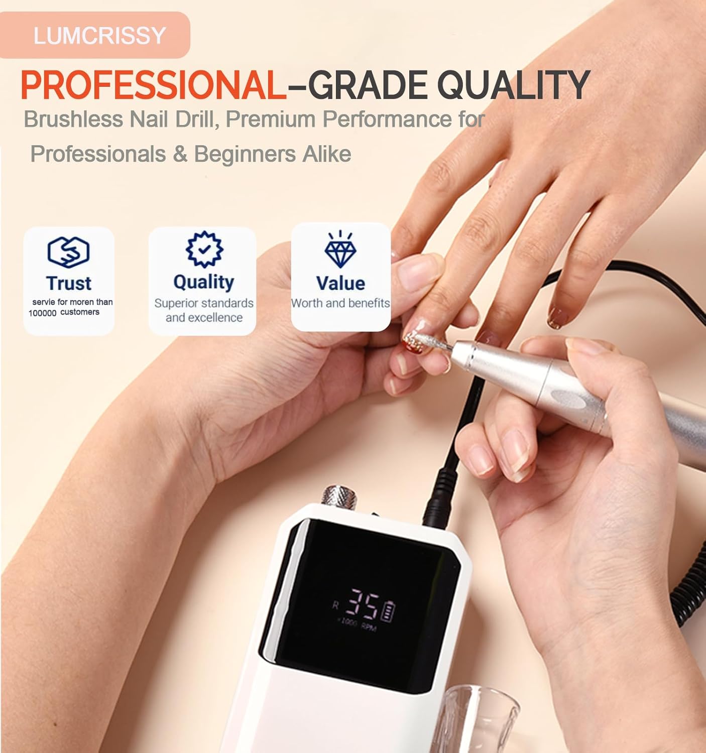 Professional Nail Drill Machine - Cordless Brushless Motor Nail File, 45000 RPM 2*3500mAh Portable Efile for Acrylic Gel Nails with 6 Bits & ETL-Certified USB Charger for Salon & Home