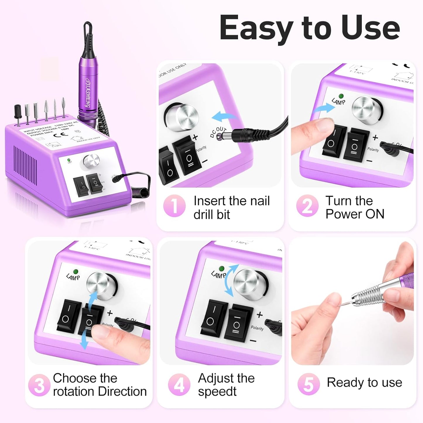 JIASHENG Professional Nail Drill, 30000rpm Electric Nail Drill Machine, Electric Nail File Drills for Acrylic Nails Kit Gel Nails Manicure Pedicure Tools, Purple
