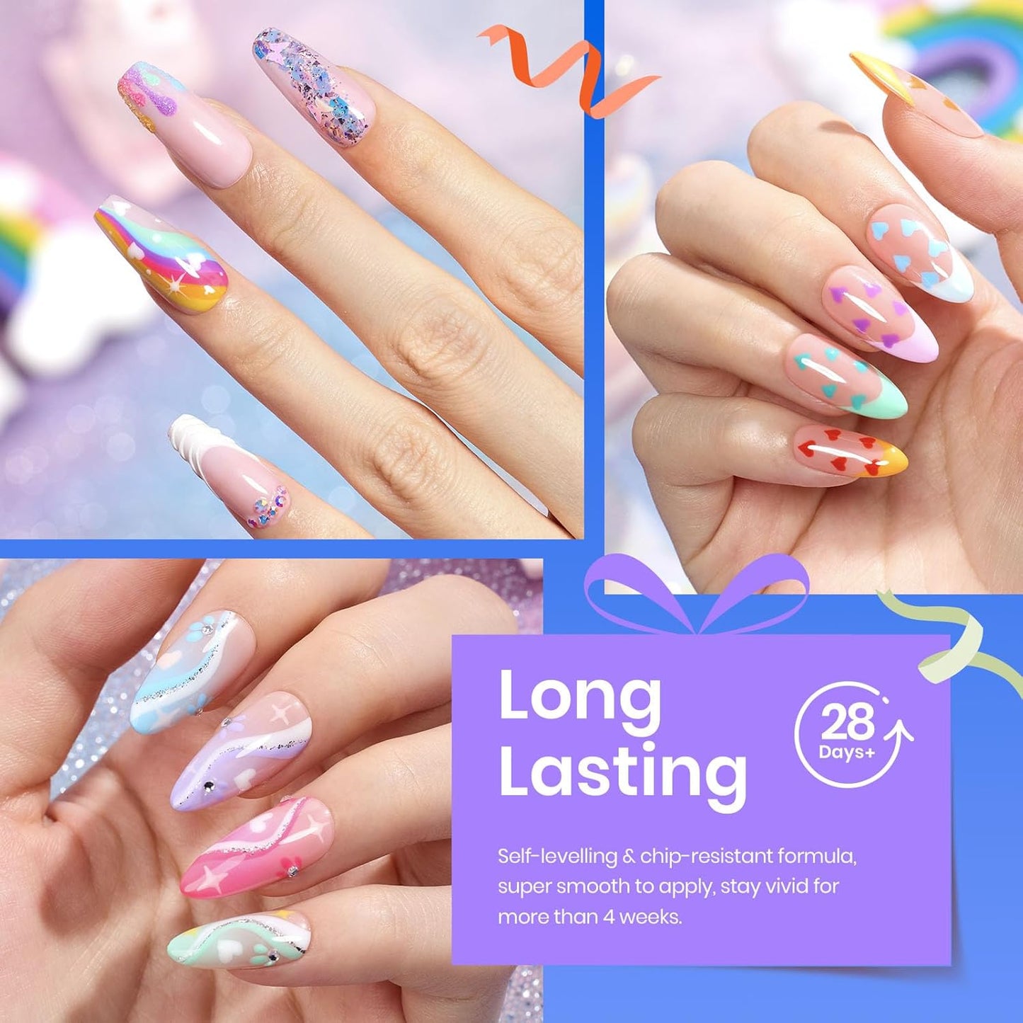 Beetles Halloween Gel Nail Polish Set, 24 Pcs Purple Blue Hot Red Gel Nail Polish Green Glitter Gel Polish Unicorn Collection Soak off UV with Glossy & Matte Top Base Gift for Women