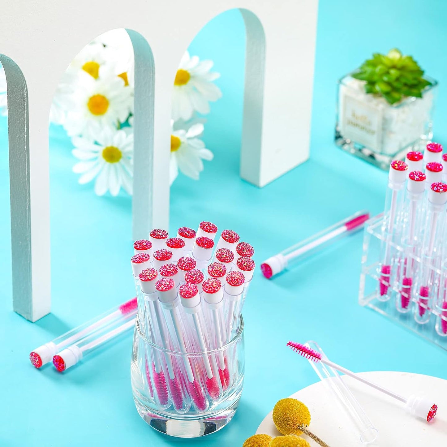 80 Pieces Disposable Mascara Brushes Tubes Set, 40 Pieces Empty Mascara Wand Tube with 40 Pieces Eyelash Brush Makeup Tool for Eyelash Extension(Pink Snowflake Style)