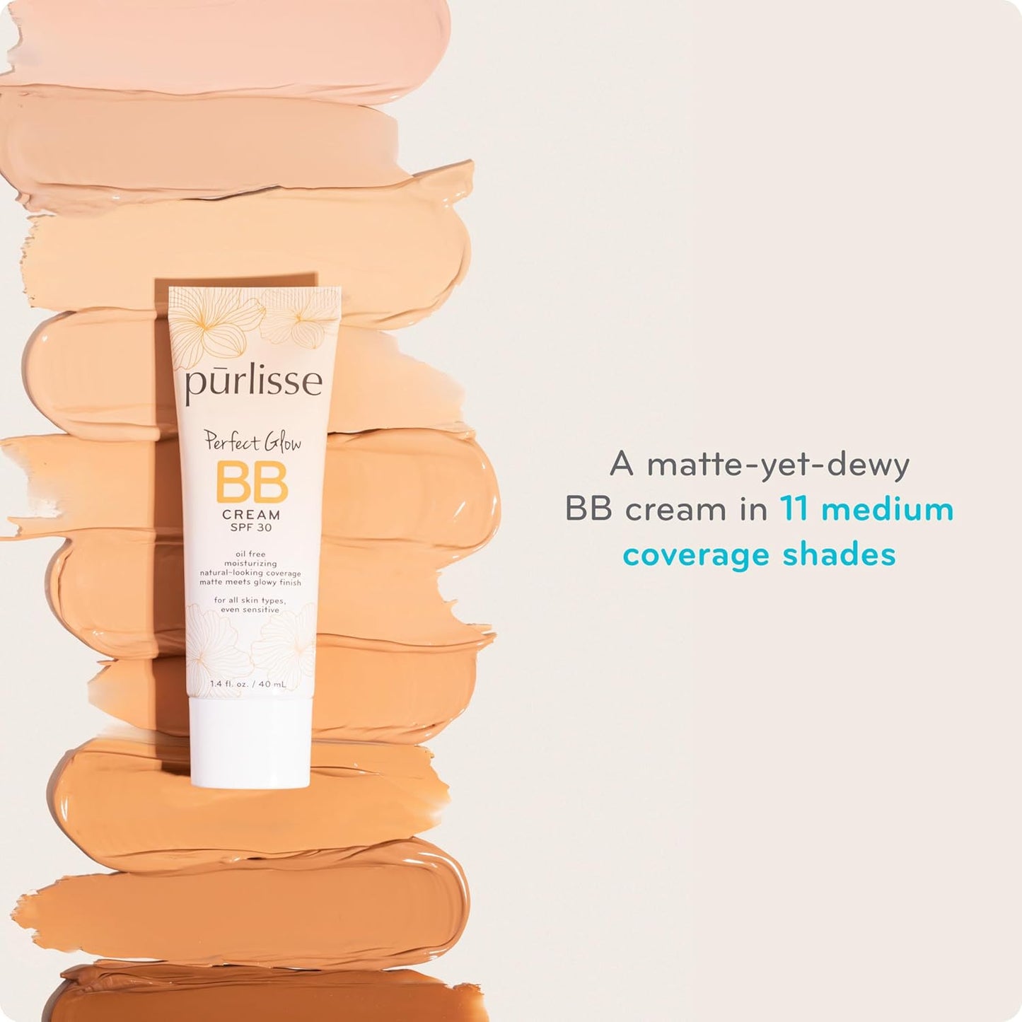 pūrlisse Perfect Glow BB Cream with SPF 30 - Matte Meets Dewy Finish - Enriched with Goji & Hawthorn Berry to Help Improve Skin Texture & Radiance - Light (1.4 oz)