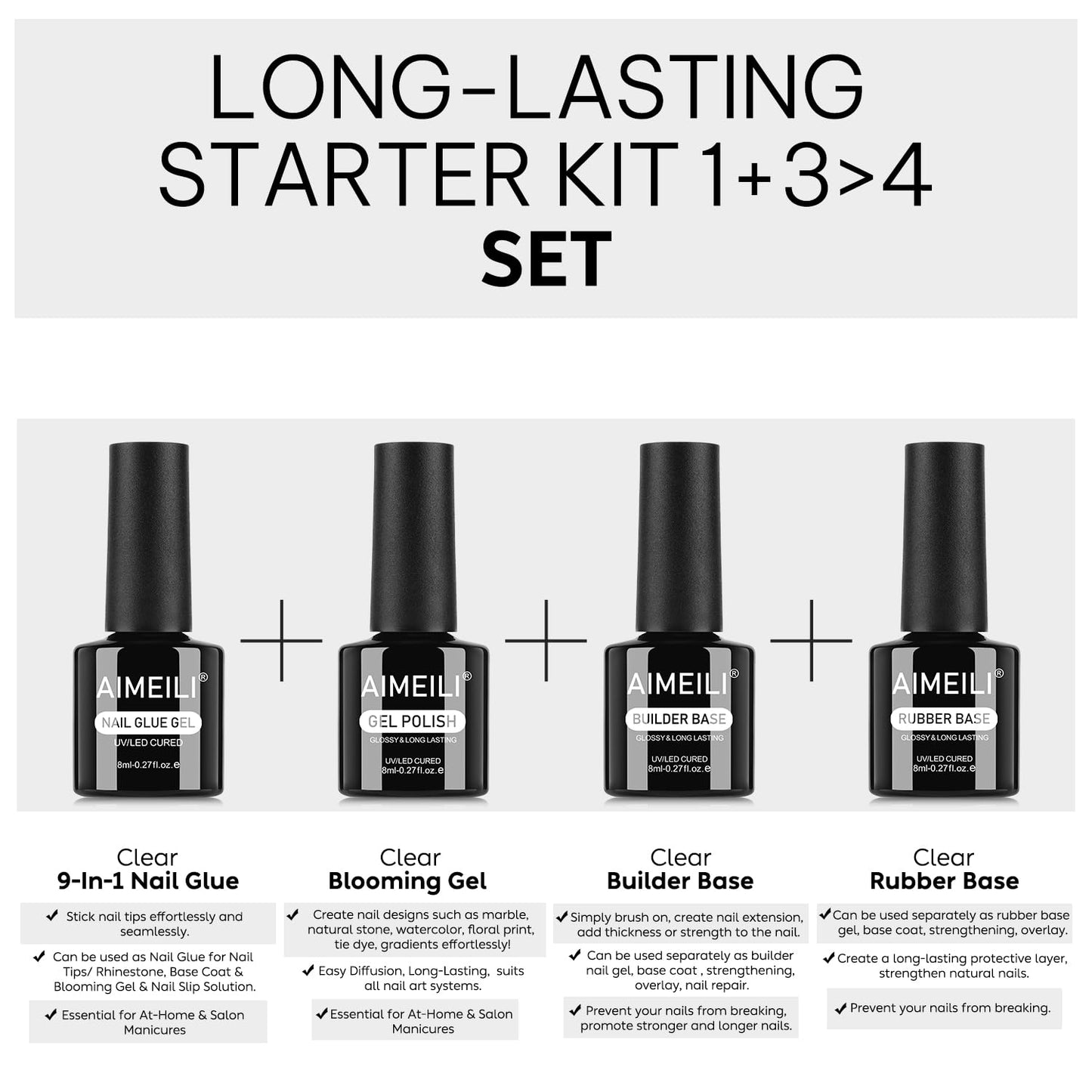 AIMEILI Gel Nail Polish Nail Glue Blooming Builder Rubber Base 4pcs, Cruelty Free, Vegan, U V LED Nail Art