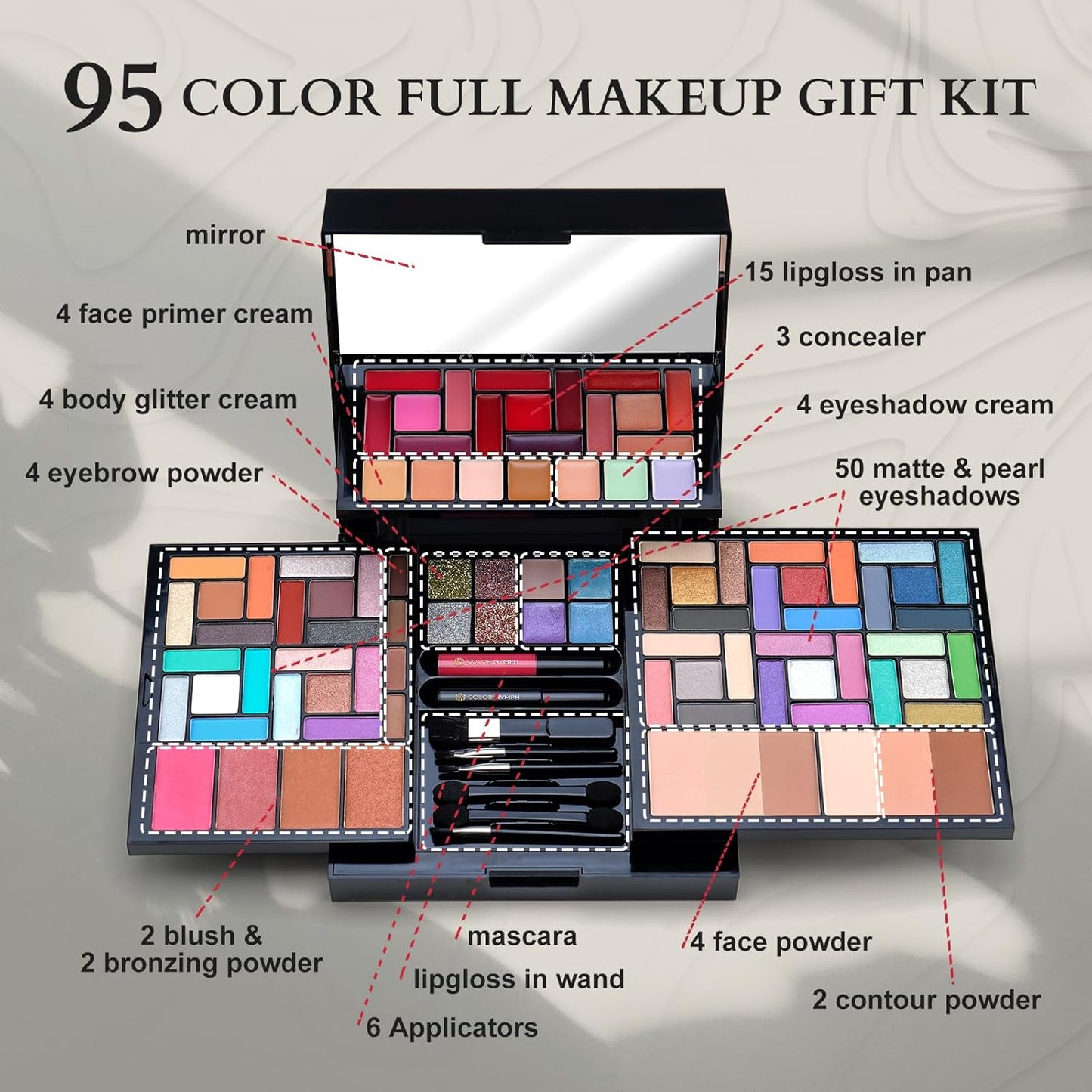 Color Nymph Makeup Kit For Women With Mirror, Full Makeup Gift Set 95 Colors Includes 50 Matte & Pearl Eyeshadow Palettes And Lipgloss Face Powder Bronzes Blushes Applicators