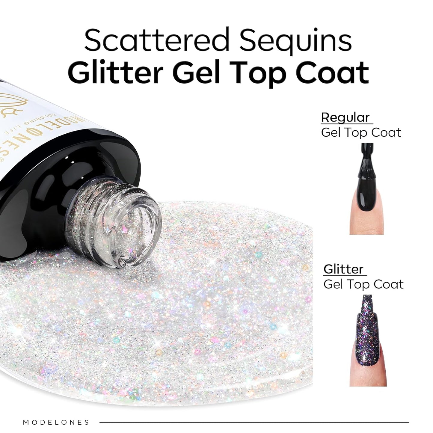 modelones Glitter Gel Nail Polish Top Coat, Rainbow Confetti Gel Top Coat with Scattered Sparkle Shimmer Sequins, Soak Off Long Lasting High Glossy Finish Home Salon DIY Manicure Nail Art 10 ML
