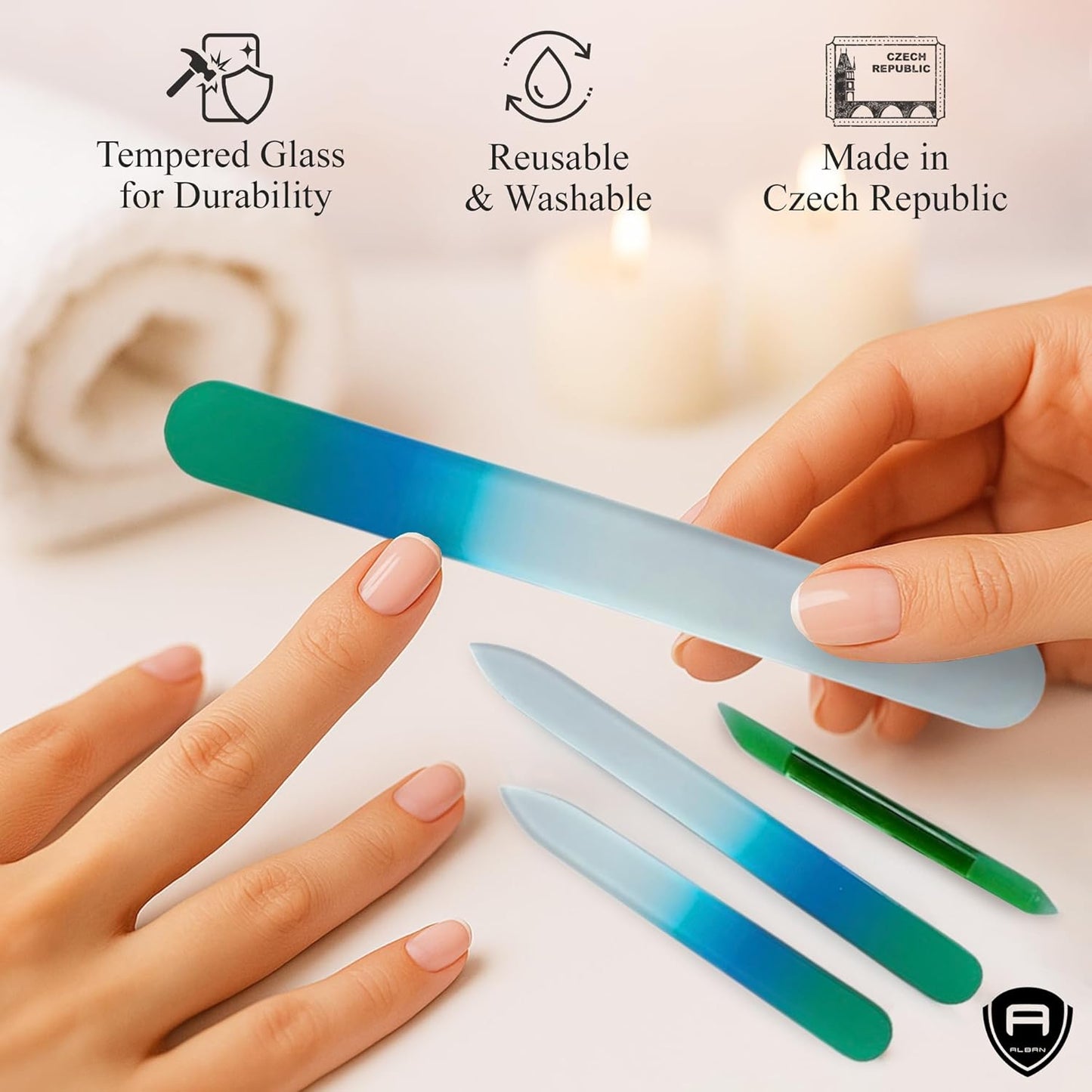 Alban Czech Glass Nail File Set with Manicure Stick & Vegan Leather Cosmetic Case (Green-Blue Nail Files, Green Manicure Stick & Light Blue Cosmetic Case)