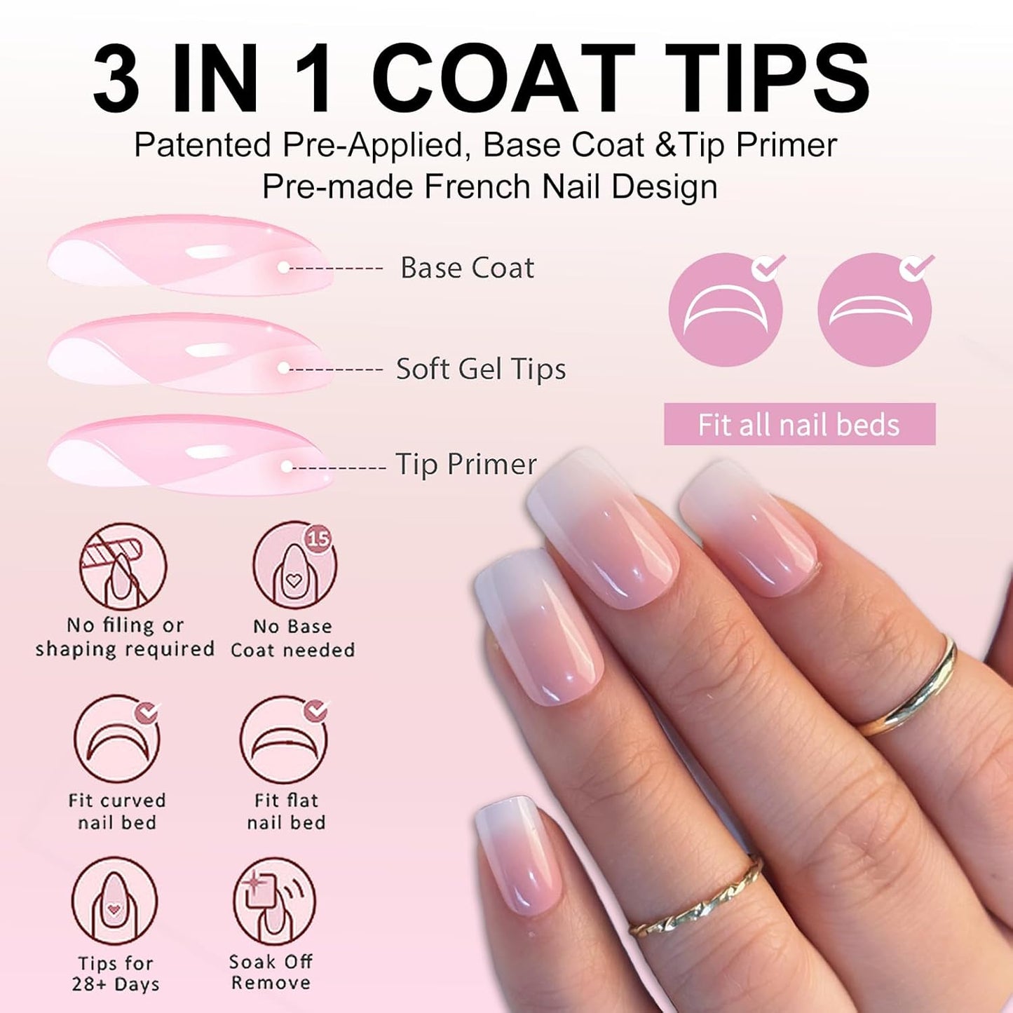 Ombre Press On Nails - 240Pcs Short Square Press on Nails, White Nail Tips Pink White Gradient Soft Gel False Nail Tips Salon Perfect Fake Nails Kit Extensions DIY (Short Square)