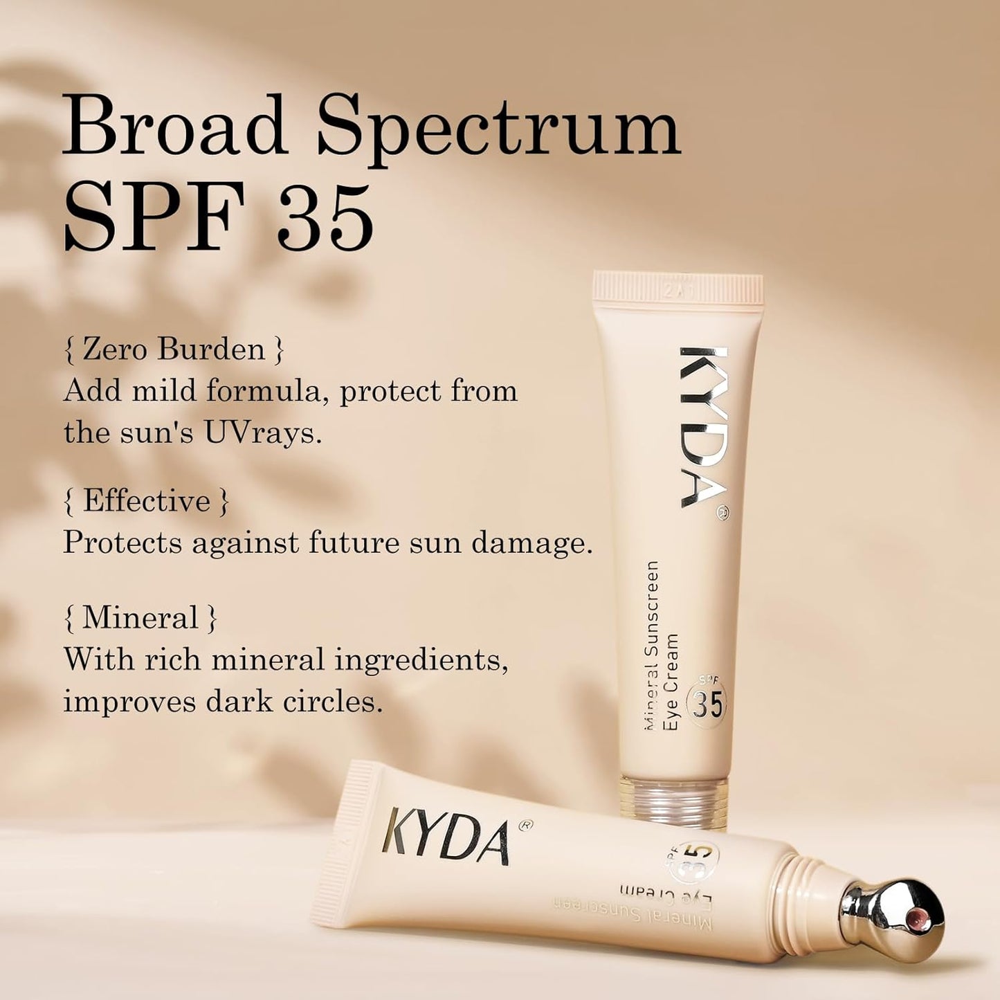 KYDA Mineral Sunscreen Eye Cream, 3-in-1 Anti-Aging Eye Cream, SPF 35, for Dark Circle and Fine Lines, Medium