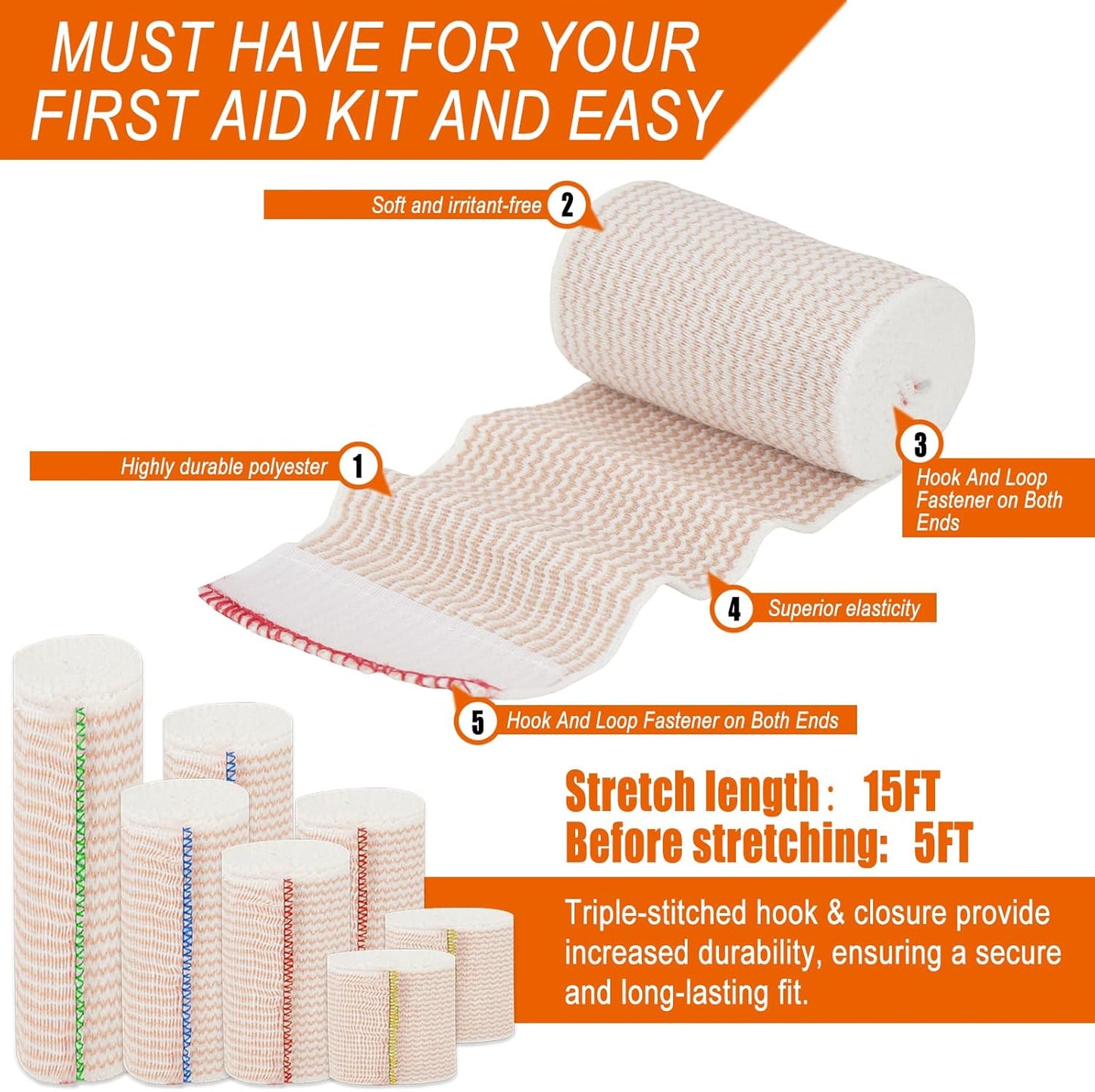 Premium Elastic Bandage Wrap 4 inch 6 Pack Reusable Versatile Self-Closing Compression Bandage Wraps for Ankles, Wrists Knee, Tummy and Body Cotton Lymphedema Wraps for Legs Latex-Free