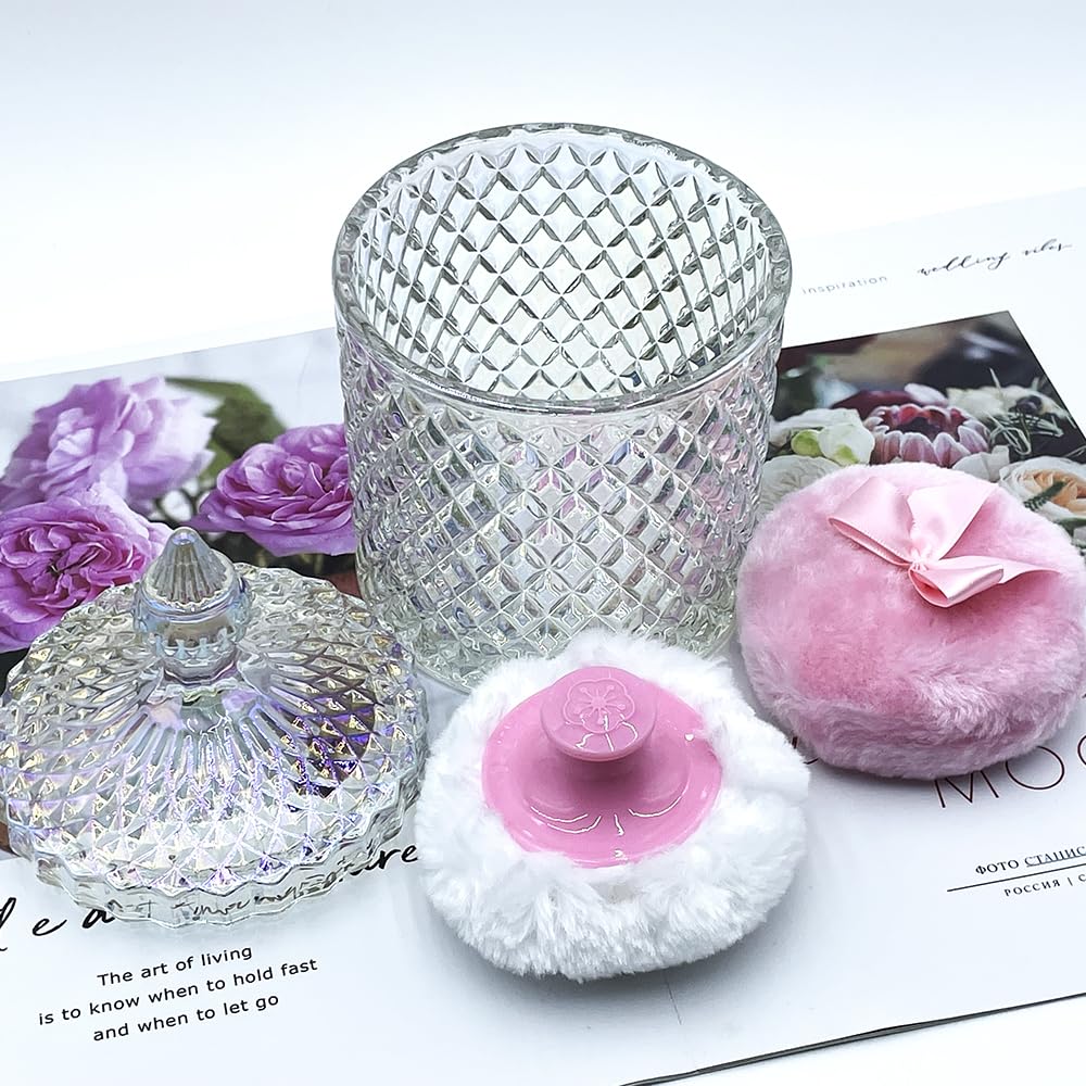 Luxury 4.2 Inch Glass Powder Container with 2 Plush Puffs｜Non-Sealed Organizer for Body Powder&Makeup｜Setting Powder Applicator w/Loose Powder Storage(Pointed Cylinder-Dazzling Colors-Large)