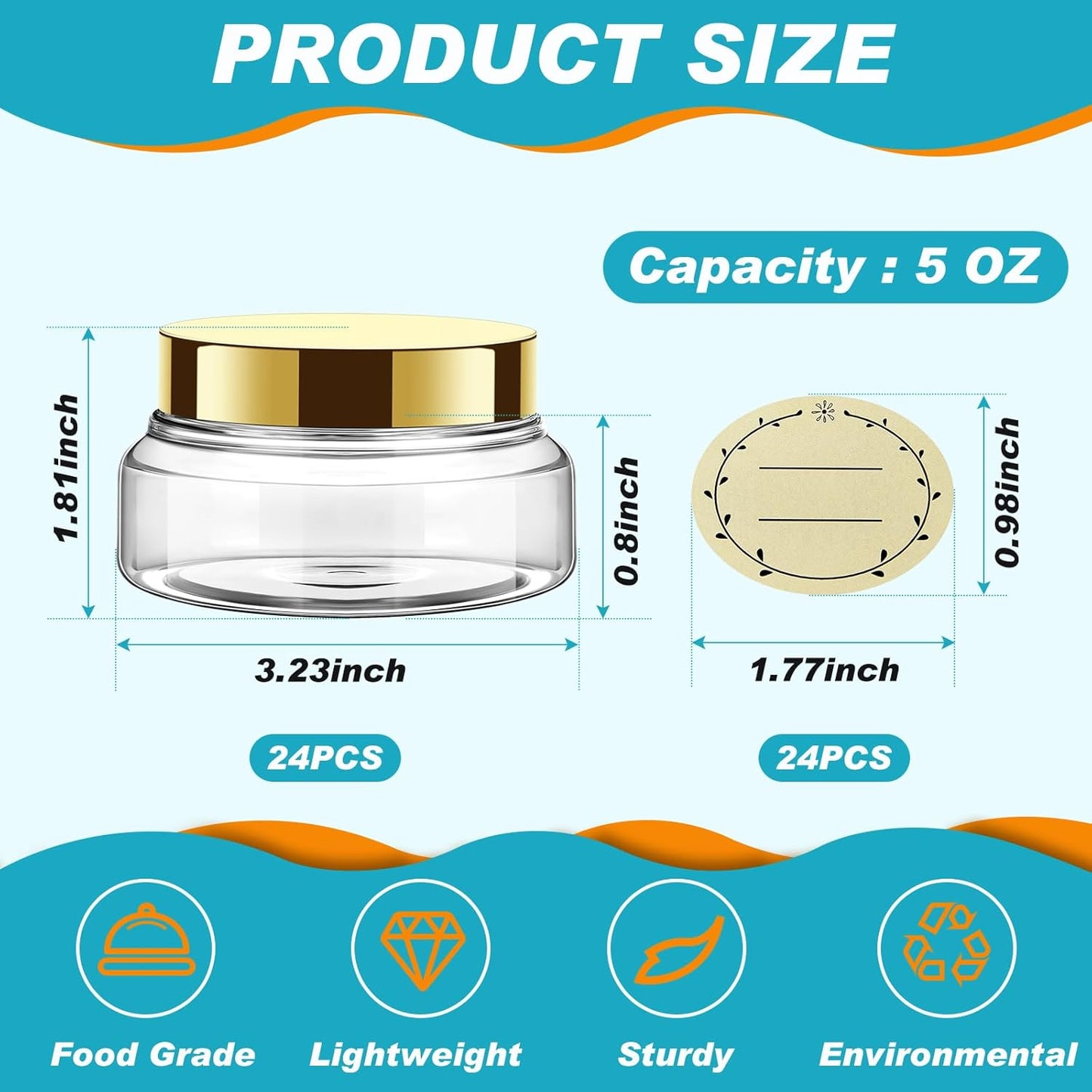 Tessco 24 Pack Plastic Jars with Lids Labels Empty Clear Plastic Jars Round Refillable Cosmetic Containers Body Butter Containers Bulk Sugar Scrub Bottle for Make Up(5 oz,Gold)