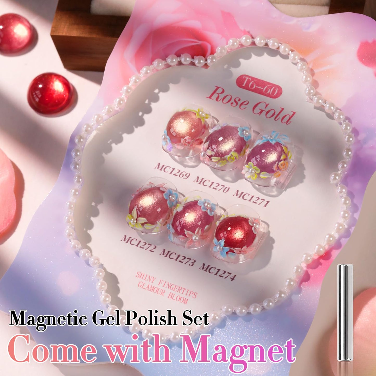 Double Rhythm Cat Eye Gel Nail Polish Set of 6 Same Color Same Bottle 0.5 Oz Shimmer Glitter with Magnet Holographic Reflective Magnetic UV Nail Polish Kit at Home (Golden Rose Pink-T6-60)