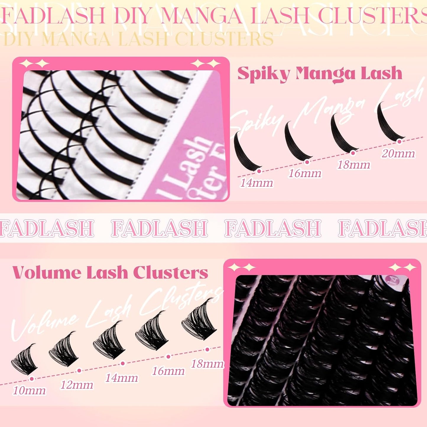 Lash Clusters 100D Eyelash Clusters 10-18mm Spikes 14-20mm Thick Volum Manga Lashes with D Curl DIY Fairy Lash Clusters with Spikes by FADLASH