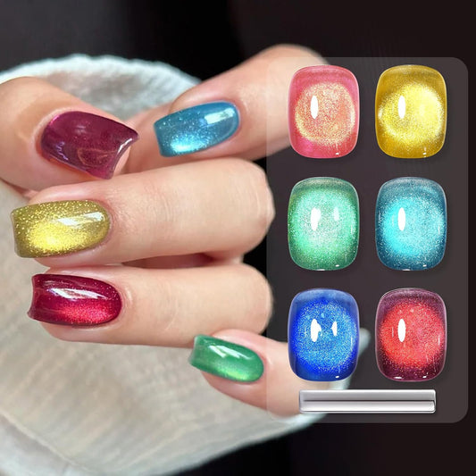 Born Pretty Cat Magnetic Eye Gel Nail Polish Spring Summer Neon Shimmer Glitter Holographic Aurora Rainbow Cat Magnetic Gel Polish Nail Art Manicure DIY at Home 6PCS