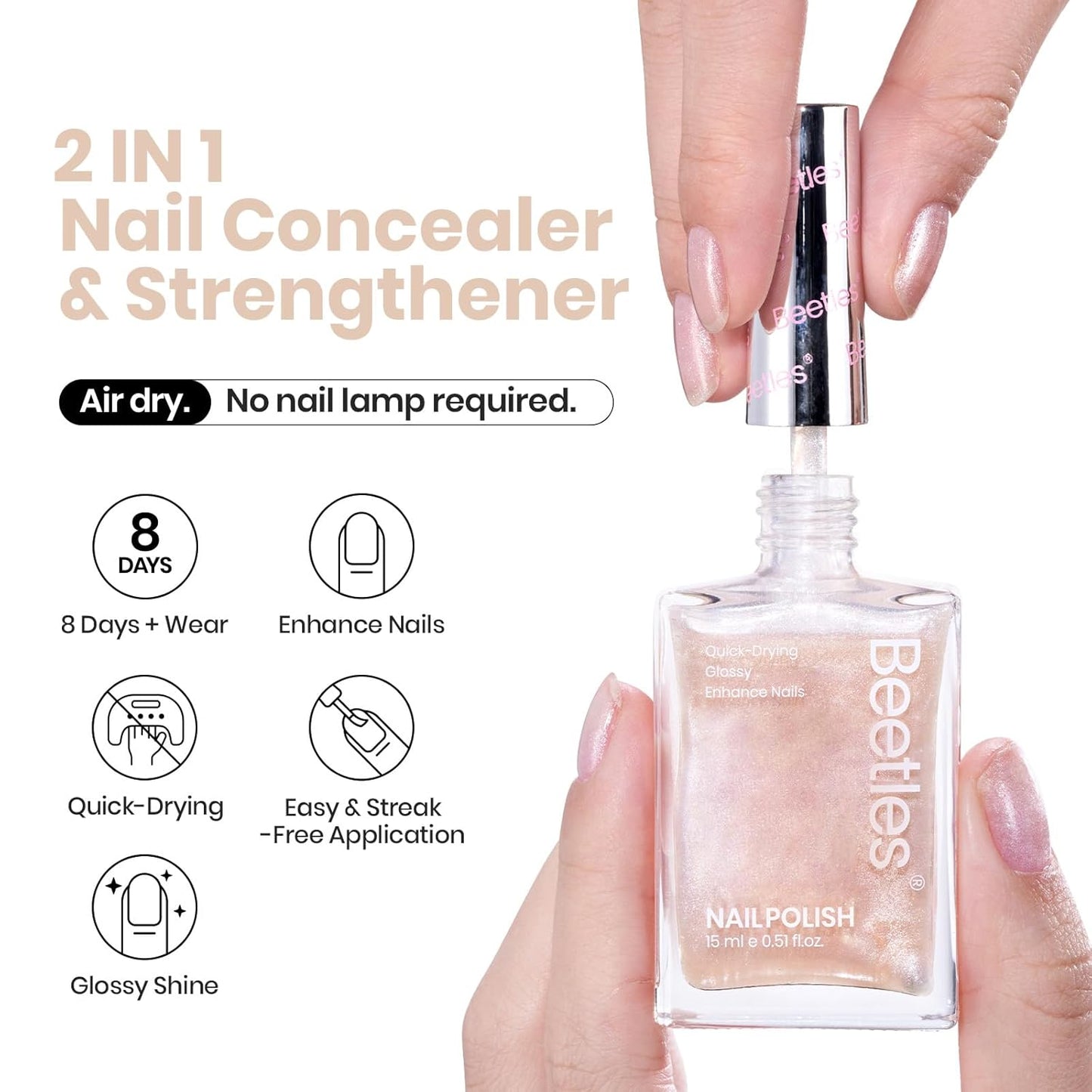 Beetles Pearl Nail Polish - Natural Nail Polish Illuminating Nail Concealer Fast Dry Quick Nail Strengthener and Growth Treatment for Thin and Damaged Nails,0.51 FL OZ