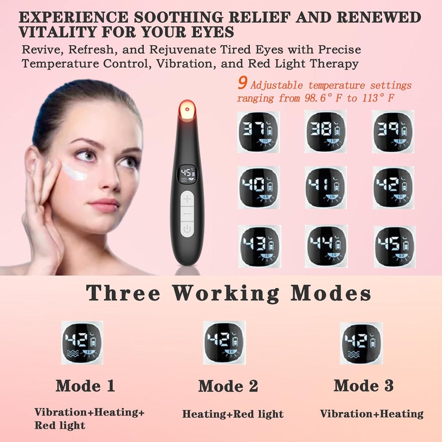 Eye Lift Wand, 3 in 1 Vibrating 98°F to 113°F LCD Eye Massager for Dry Eyes, Dark Circles and Puffiness, Face & Neck Lifting Tool for Fine Lines and Wrinkles, Black