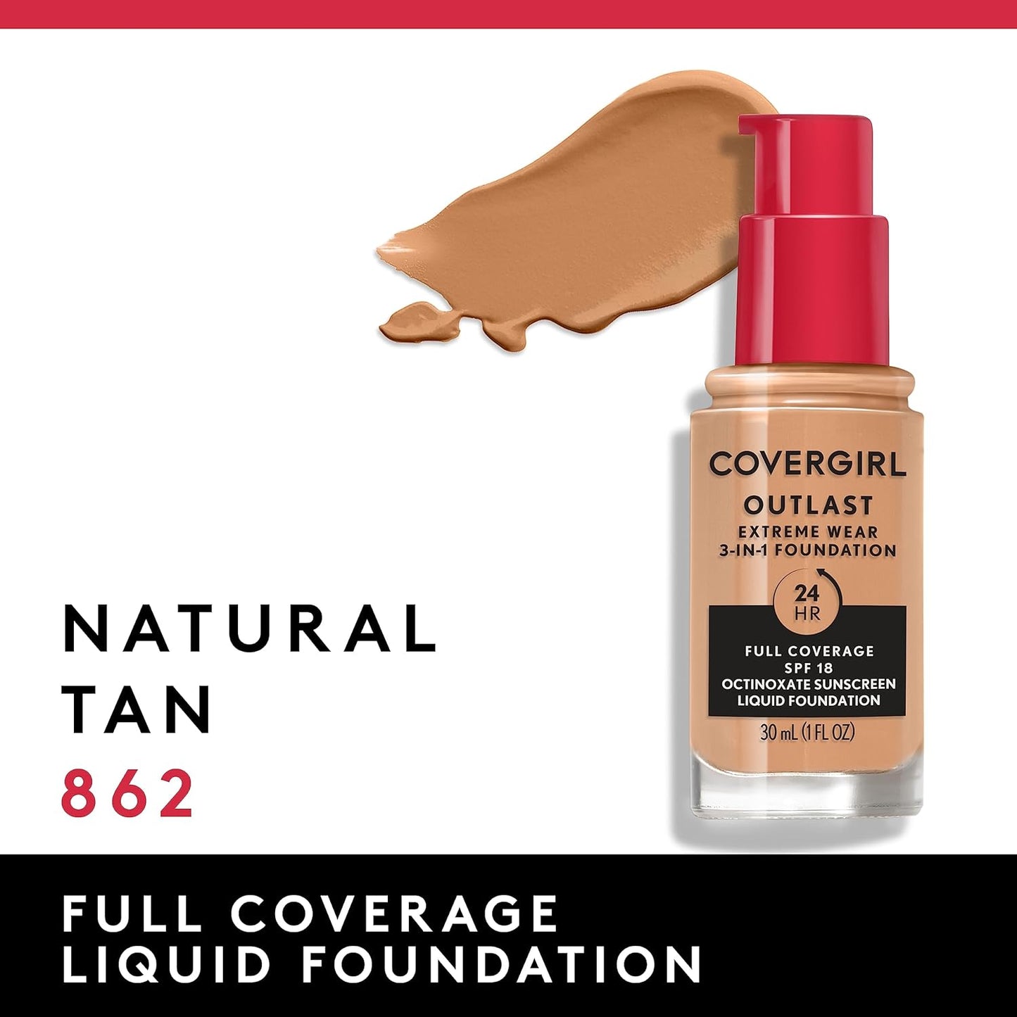 Covergirl Outlast Extreme Wear 3-in-1 Full Coverage Liquid Foundation, SPF 18 Sunscreen, Natural Tan, 1 Fl. Oz. (Pack of 2)