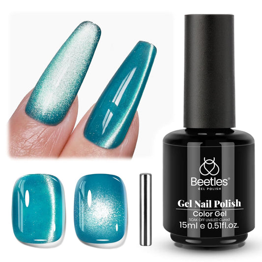 Beetles Blue Cat Eye Gel Polish, 15ML Blue Glass Cat Eye Glitter Gel Polish with Magnet Shimmer Translucent Sheer Color Soak Off UV Tide beam Series French Nail Art Dsign Gift for Women