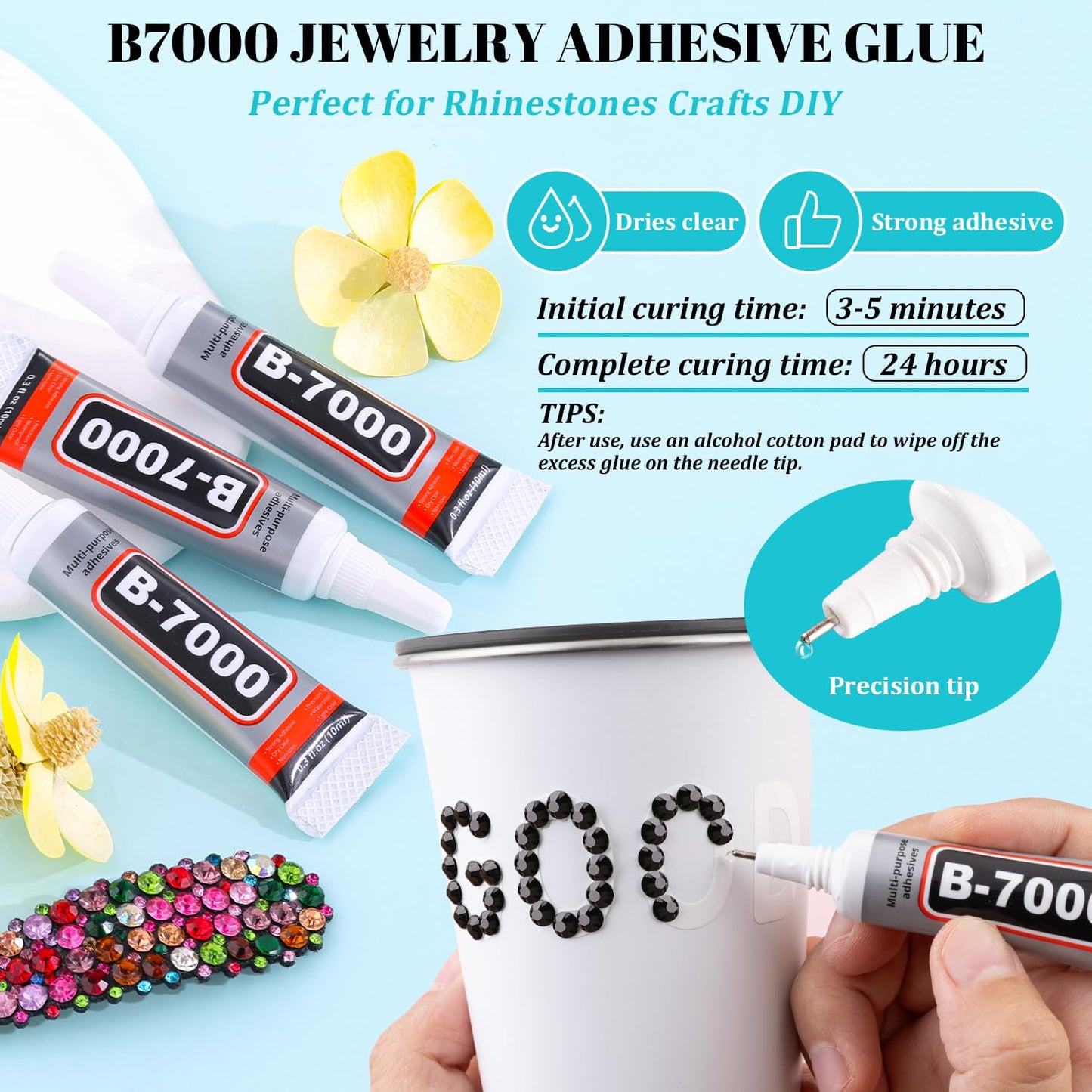 6100Pcs Resin Rhinestones for Crafting with 2Pcs 10ml B7000 Jewelry Glue, 1 Box Flatback Crystals Diamond (Black) for Bedazzling Crafts DIY Nail Art Non Hotfix Gems for Clothing Shoes Tumblers