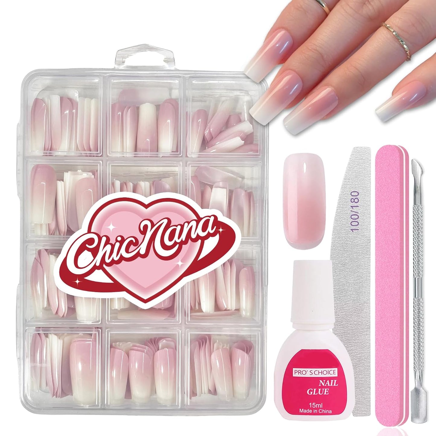 Ombre Press On Nails - 240Pcs Short Square False Nails Kit, Pink White Gradient Nail Tips Soft Gel False Nail with Glue Salon Fake Nails Kit Extensions DIY (Medium Long Square)