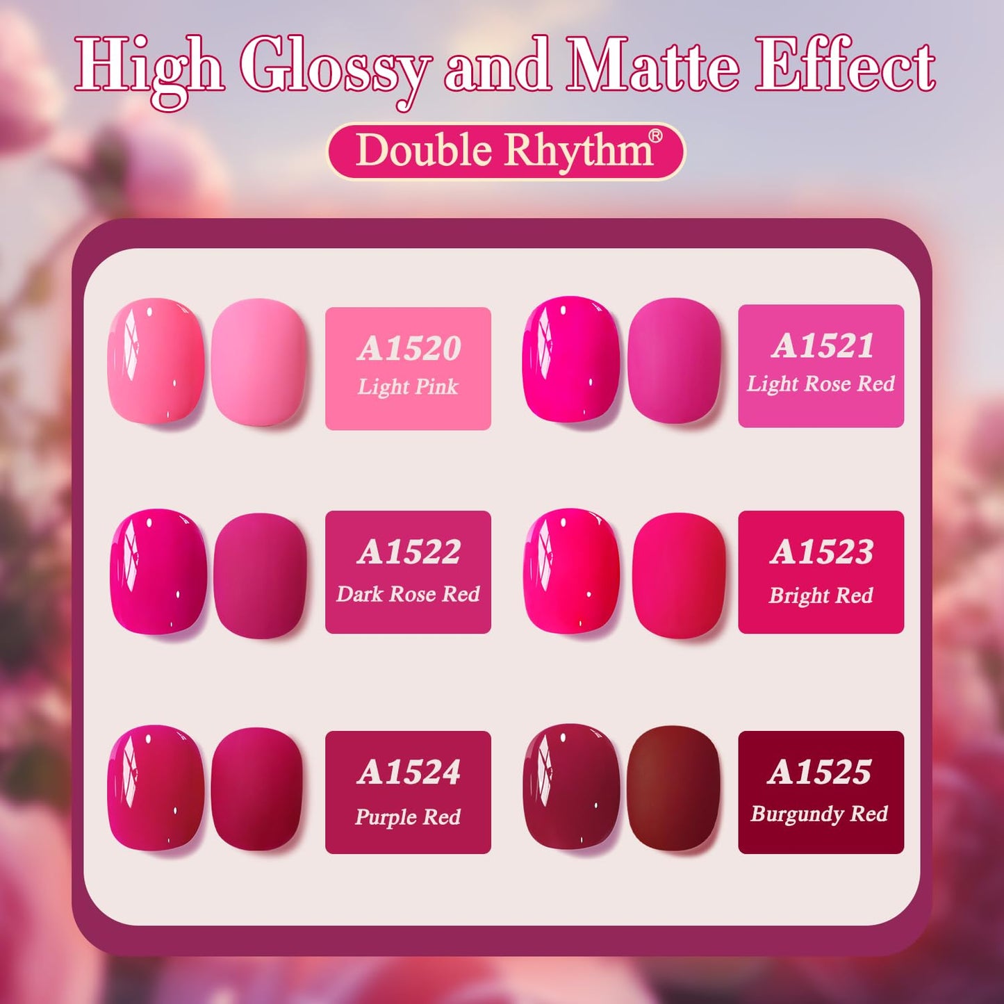 Double Rhythm 6 Pcs 15 ML Gel Polish Set Same Color Same Bottle Soak Off Gel Polish Kit Nail Art Manicure Salon DIY at Home for Women (Neon Light Pink Purple Burgundy Red-T6-8)