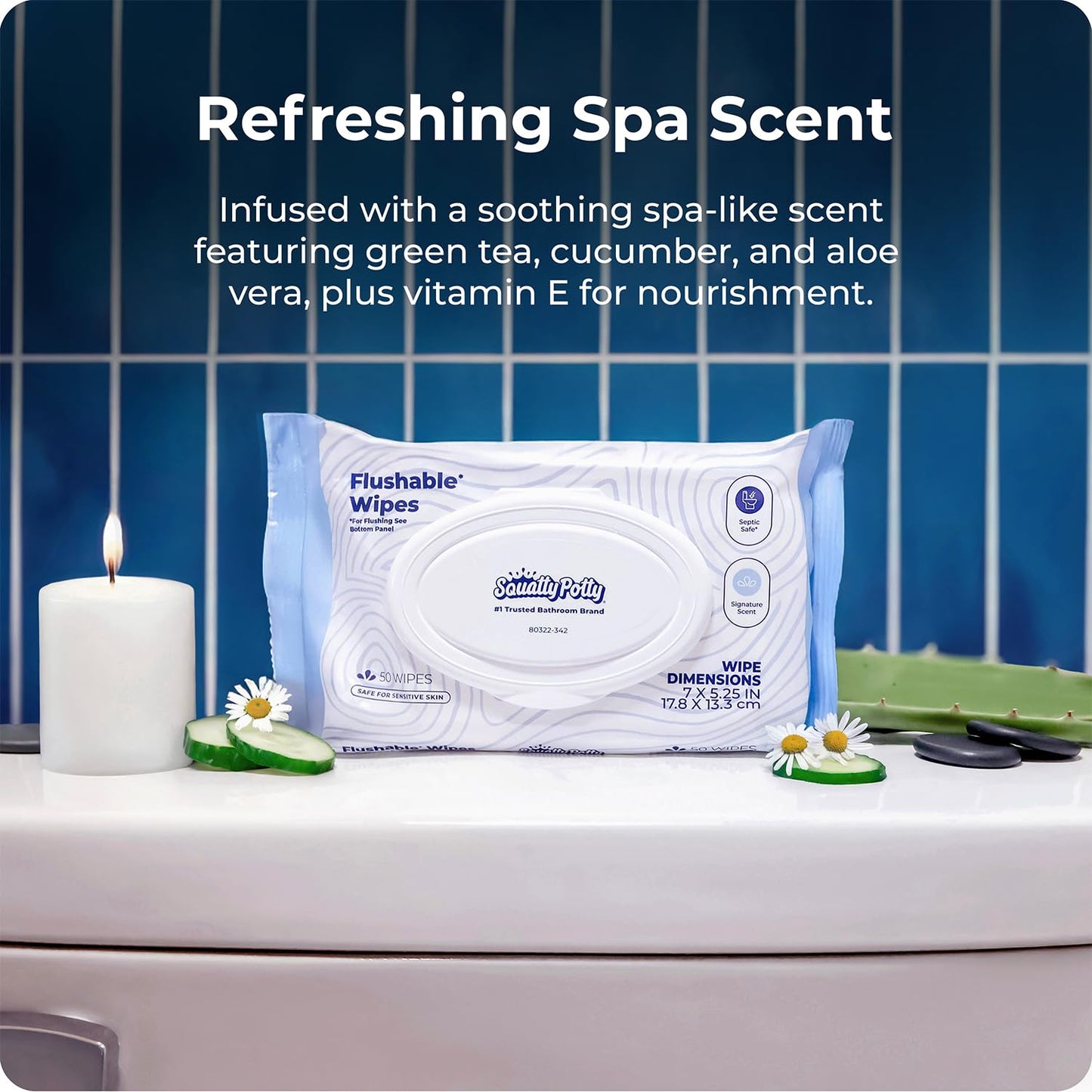 Squatty Potty Flushable Wipes - 6 Pack (300 Total Wipes) - 99% Water & Plant-Based - Green Tea, Cucumber & Aloe Spa Scent - pH Balanced - Septic Safe Adult Wet Wipes