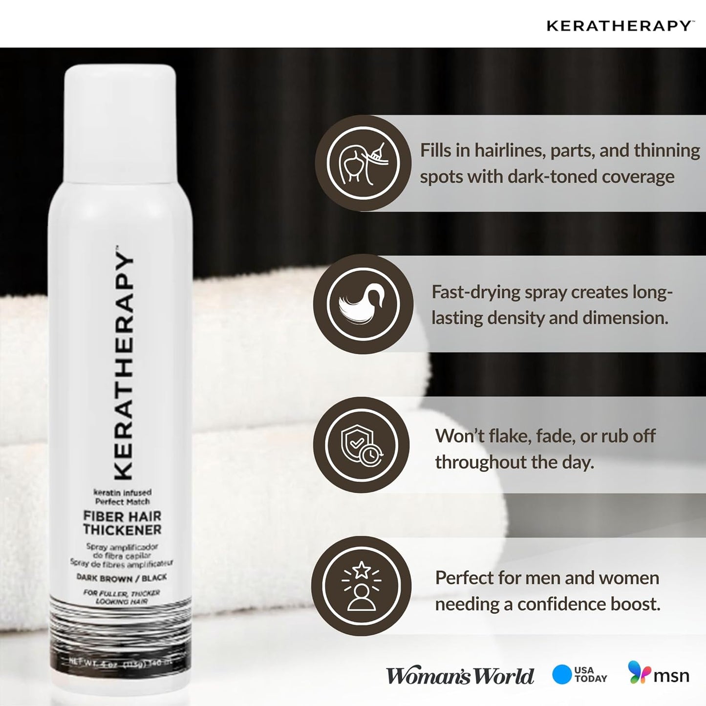 Keratherapy Keratin Infused Perfect Match Fiber Hair Thickener Spray, Dark Brown to Black, 4 fl. oz., 140 ml - Volumizing, Thickening, & Concealing Hairspray for Scalp Coverage, Roots & Thinning Areas
