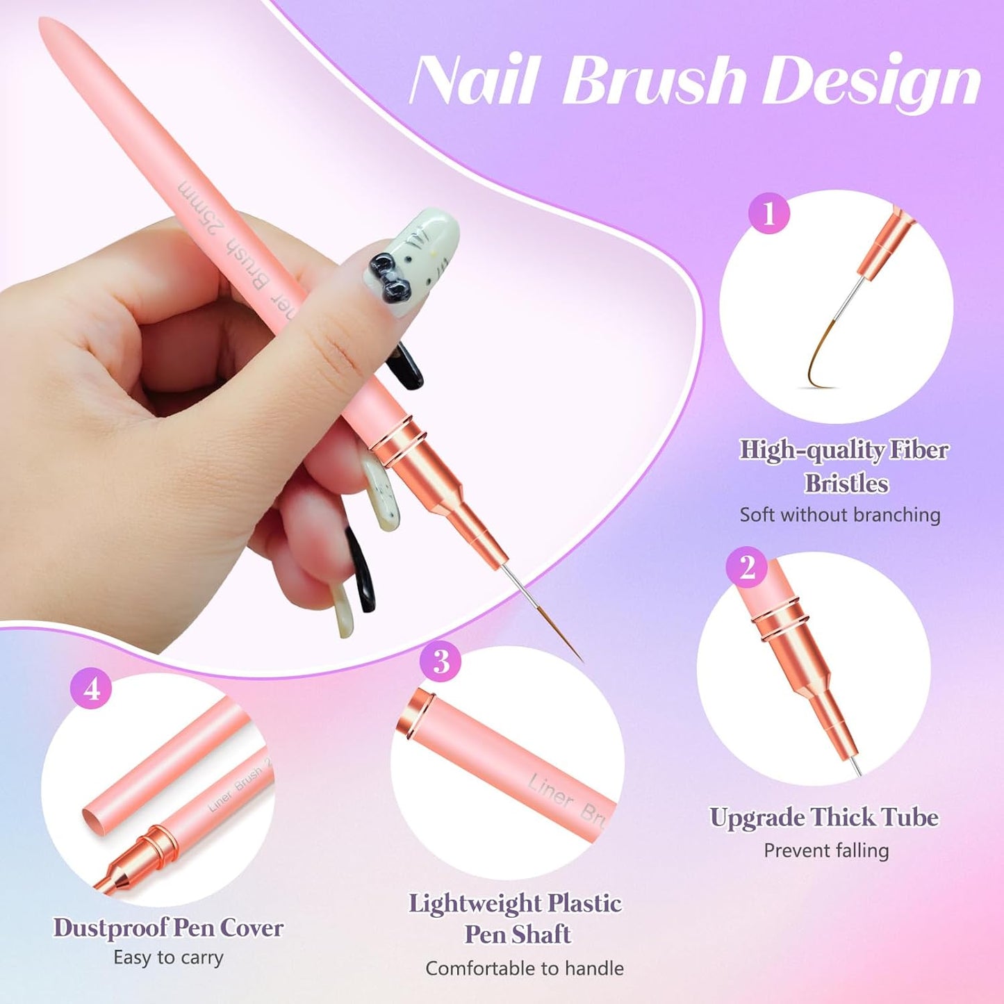 Liner Brush for Nails, 5Pcs Thin Nail Art Brushes Professional Nail Detail Brush for Gel Polish Sizes 4/8/12/20/25mm (Pink)