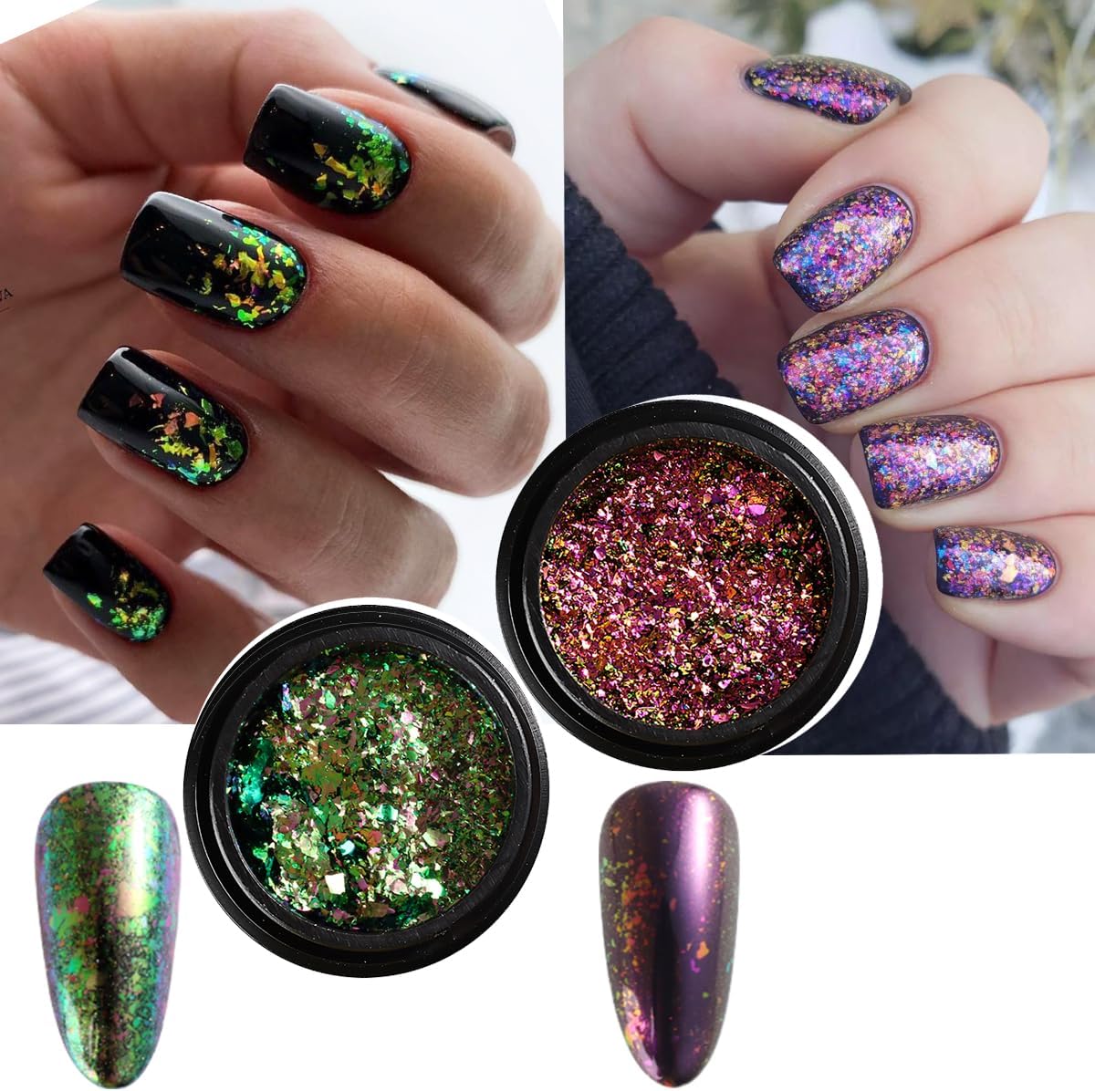 Chrome Nail Powder Set 14 Colors Pink Blue Silver Metallic Effect Mirror Powder for Nails with Brushes Holographic Pigment Chameleon Flakes for Nails Gold Leaf Decoration Nail Supplies