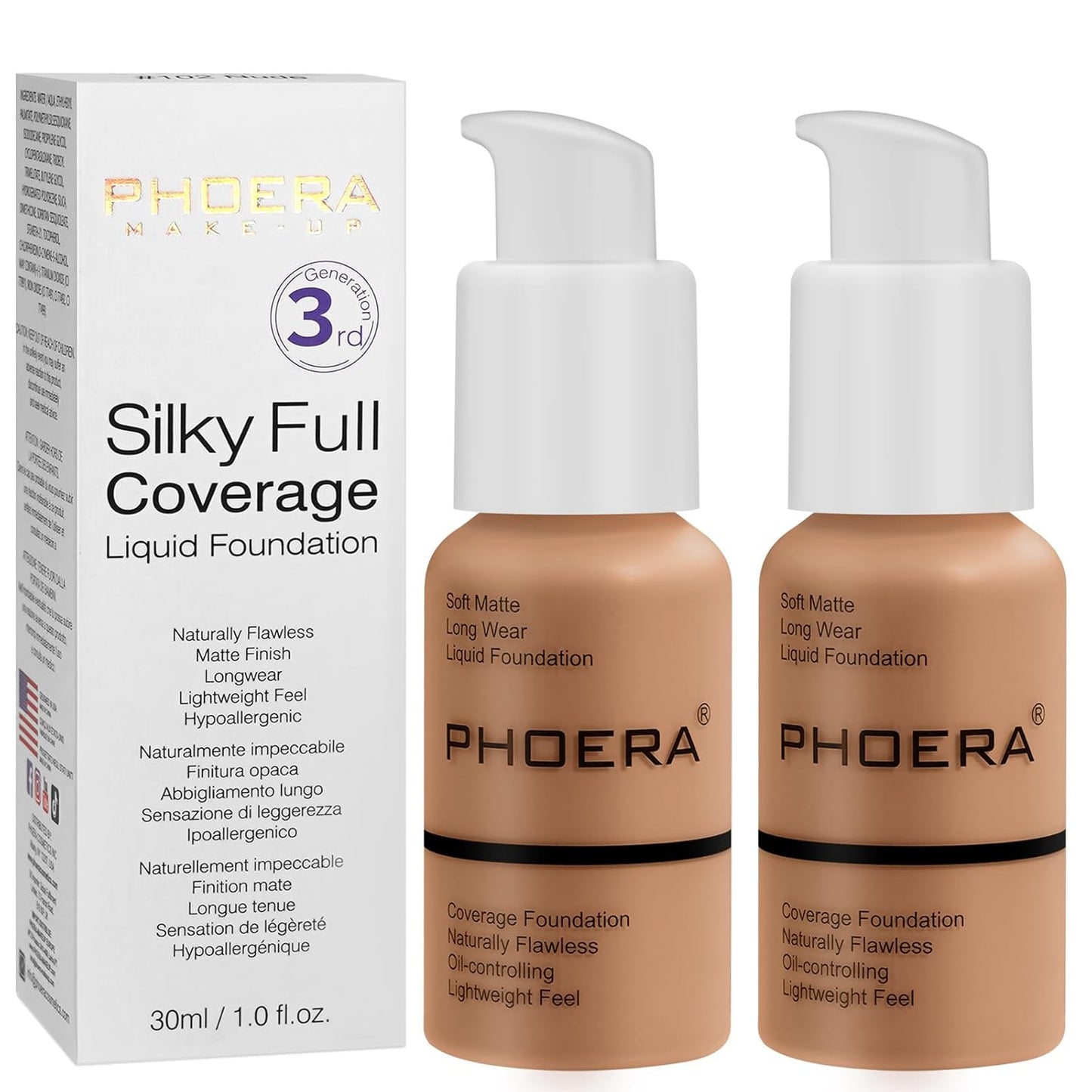 PHOERA Foundation, PHOERA Matte Liquid Foundation,PHOERA Makeup for Women, PHOERA Foundation Full Coverage Concealer, 30ml 24HR Matte Oil Control Concealer (107- Hone*2)