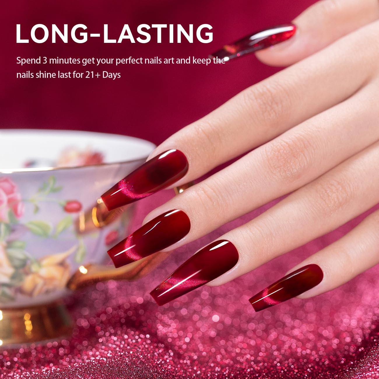 RARJSM Red Cat Eye Gel Nail Polish Diamond Dark Red Velvet Cateye Gel Polish 15ml Single Bottle with Magnet Stick Reflective Shimmer UV LED Curing Requires Soak Off for Home Salon Christmas Manicure