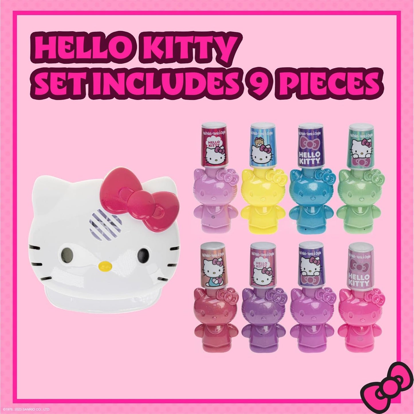 Townley Girl Hello Kitty 8 Pack Non-Toxic Peel-Off Shimmer and Opaque, Water-Based Safe Nail Polish Set with Nail Dryer for Kids, AA Batteries Not Included, Ages 3 and Up