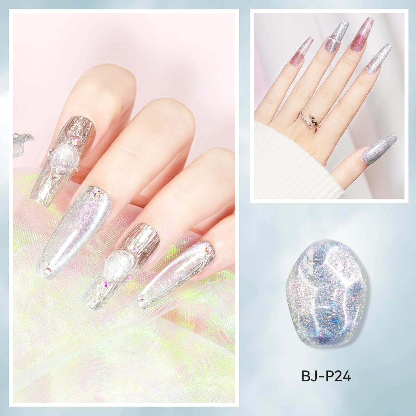 Cat Eye Gel Nail Polish 12ML, 3 In 1 Step Holographic Cateye Gel Polish With Magnet, Silver Glitter Magnetic Crystal Ice Shimmer Soak Off UV/LED Nail Art Design