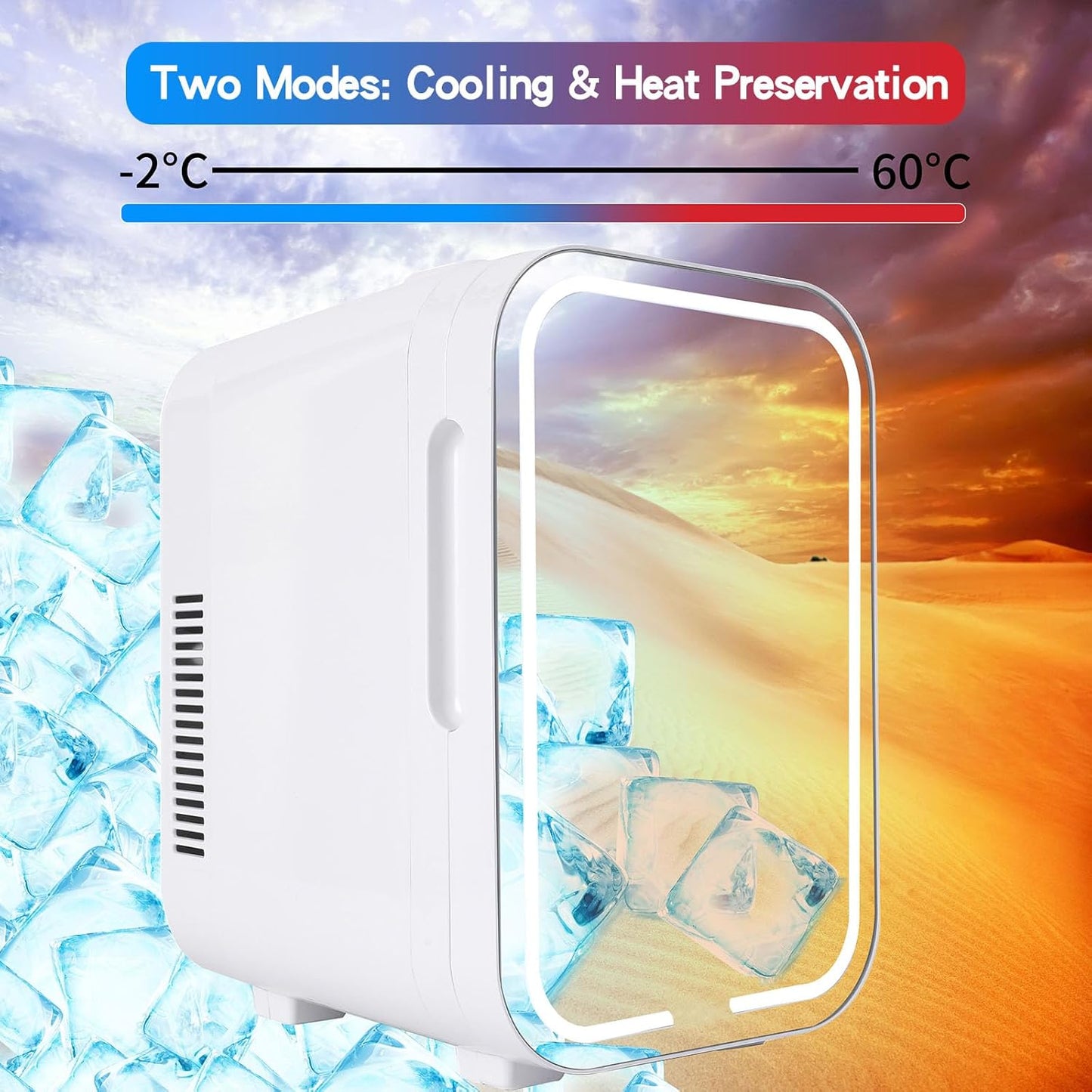 Mini Fridge with Mirror Door & Adjustable LED Lights - 8L Cosmetic Skincare Fridge for Bedroom,Dorm,Mini Car Refrigerator Portable Quiet Cooling,Gift for Women