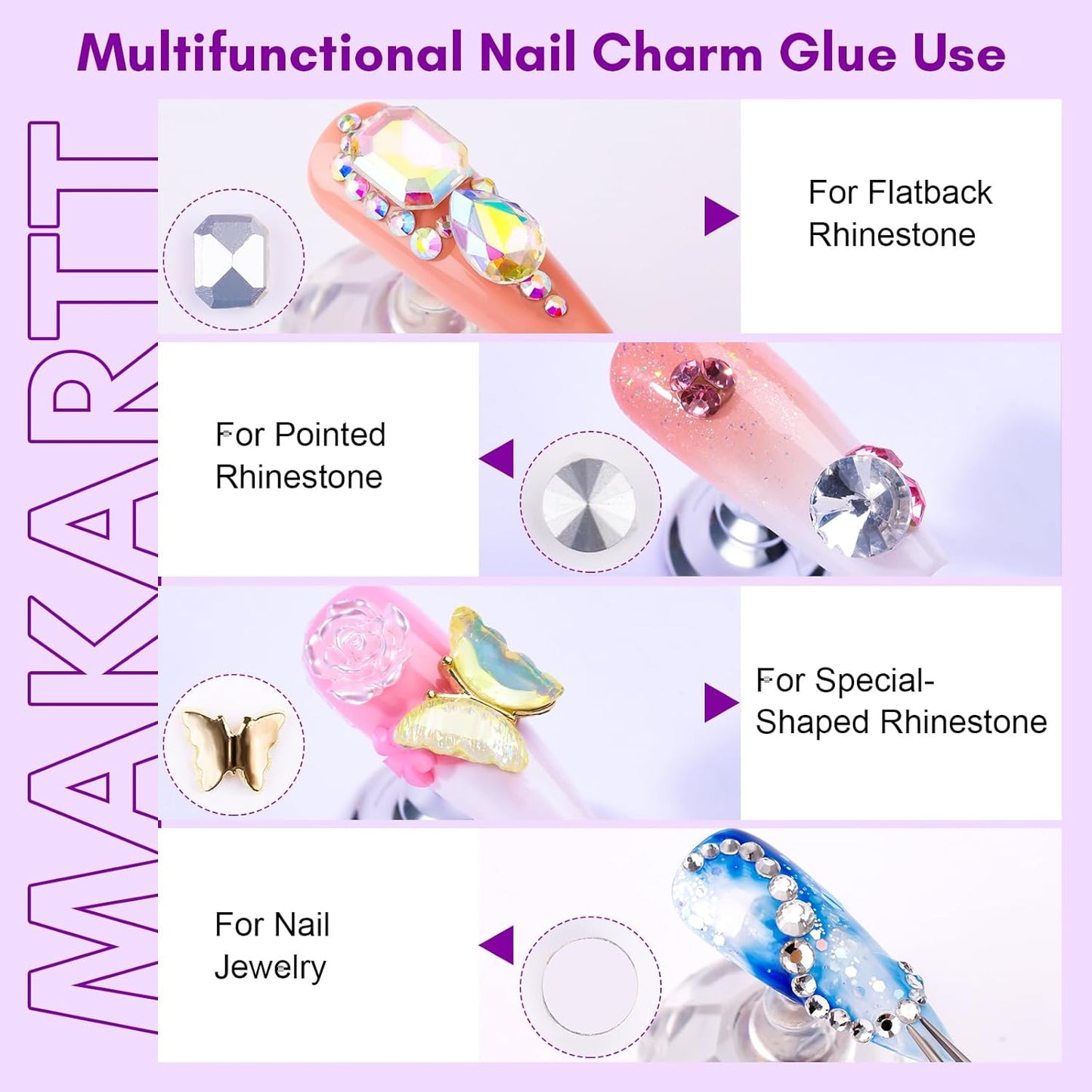 Makartt Rhinestone Glue for Nails, 15ml Clear Nail Gem Adhesive with Brush Kit for 3D DIY Decorations, Super Strong Bling Gel for Jewelry Diamonds