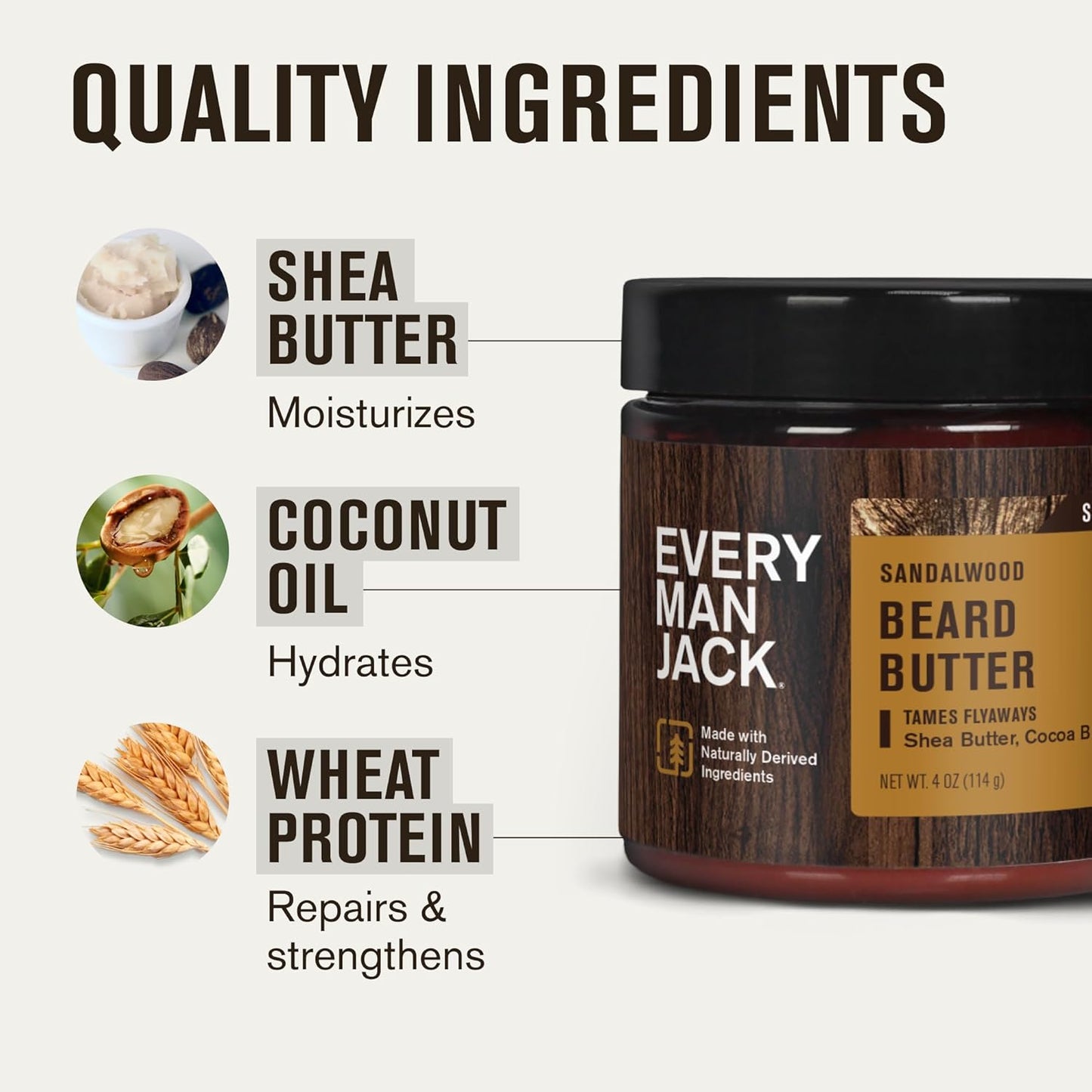 Every Man Jack Beard Butter- Subtle Sandalwood Fragrance - Hydrates and Styles Dry, Unruly Beards While Relieving Itch - Naturally Derived with Shea Butter and Coconut Oil - 4-ounce (2 Pack)