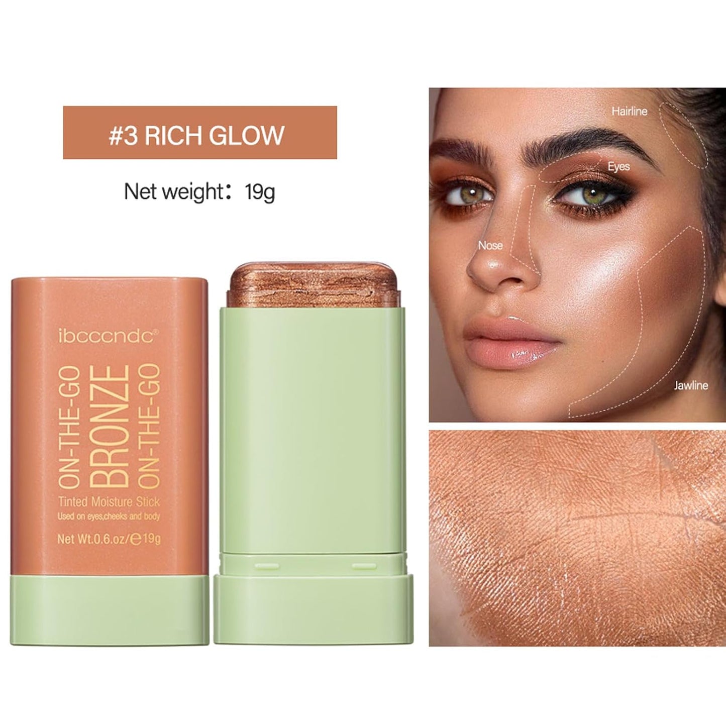 On-The-Go Bronzer Stick,Multi-Use Cream Contour Stick,Natural Long Lasting Face Bronzer,Smooth Highlighter Contour Stick,Bronze Contour Makeup Facial Shaping,03 Rich Glow